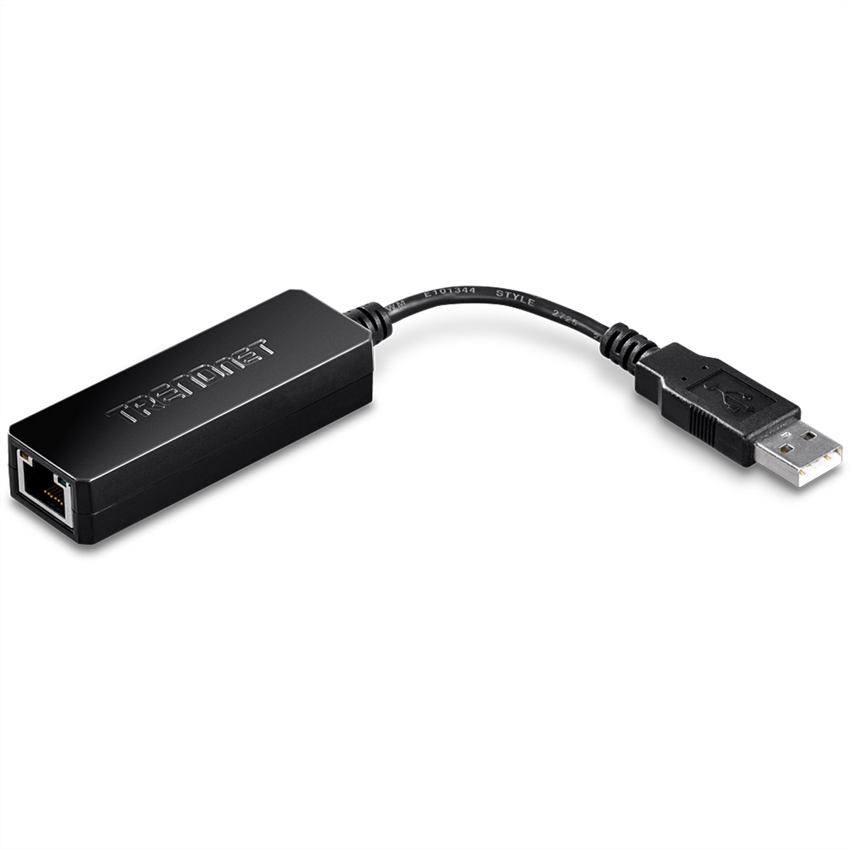 Schwarzer TRENDnet USB-zu-Ethernet-Adapter auf Weiß. Er hat einen RJ45-Anschluss und einen USB-Anschluss.