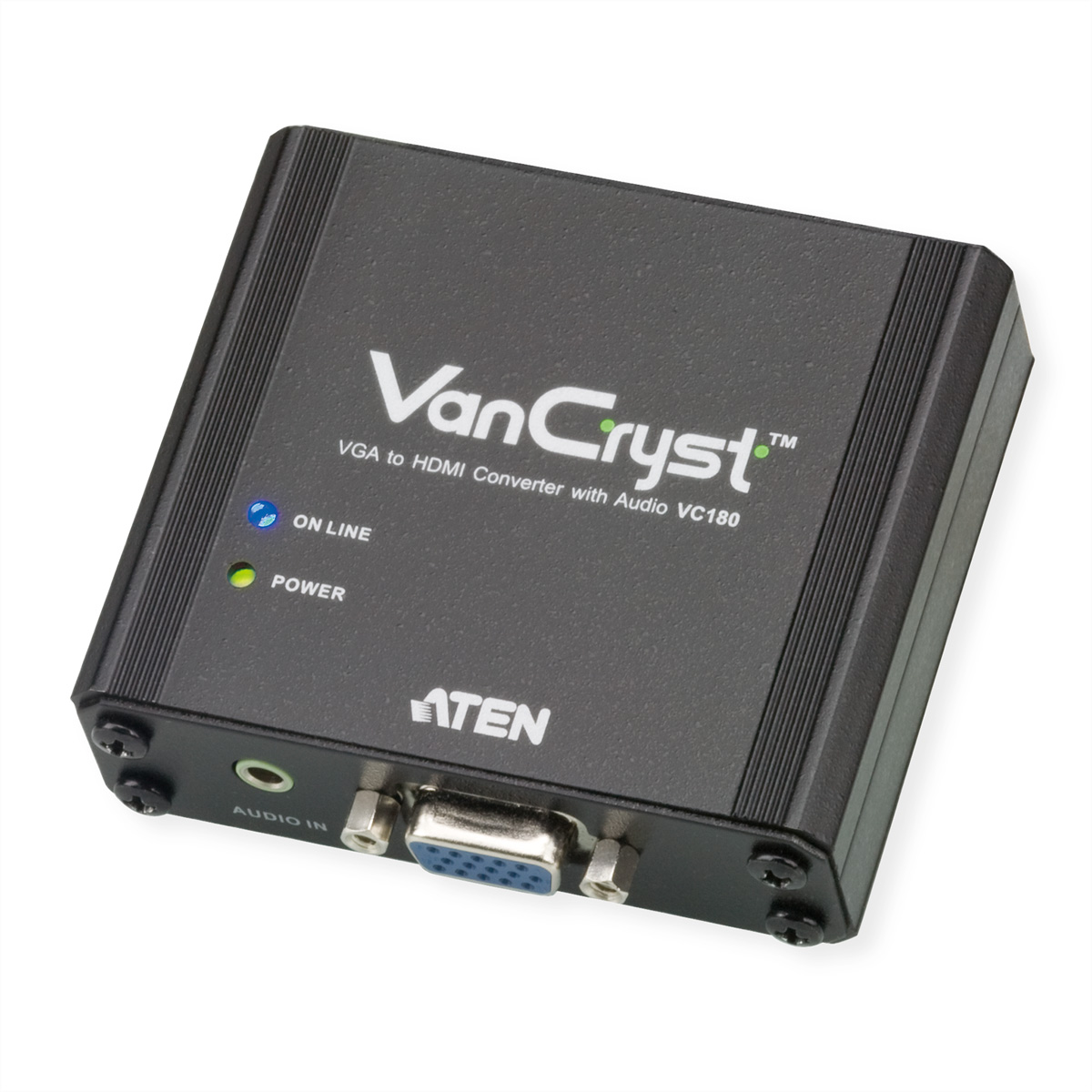 Een zwarte VanCryst VGA naar HDMI converter. Heeft VGA-ingang, HDMI-uitgang en stroom- en onlinelampjes.