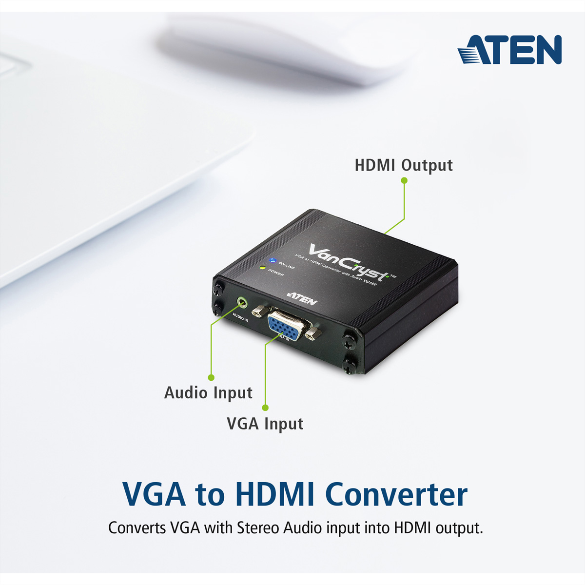 VGA naar HDMI converter met audio-ingang, VGA-ingang en HDMI-uitgang, zwart apparaat.
