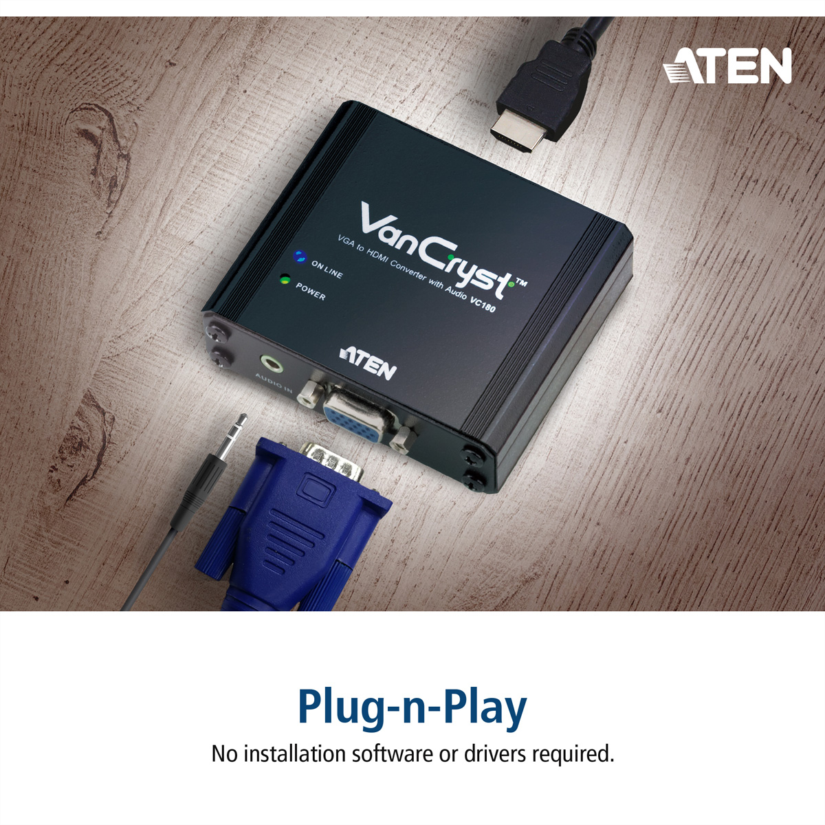 Zwart ATEN-apparaat met VGA naar HDMI-converter met kabels. Plug-n-Play-tekst onderaan.