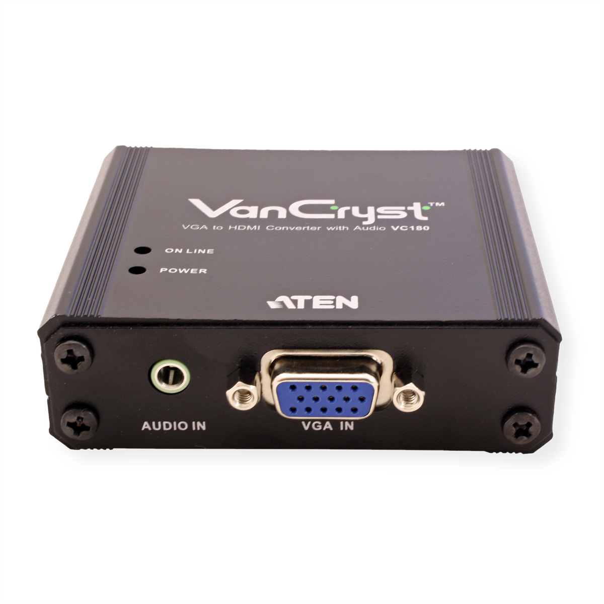 Zwarte VGA naar HDMI-converter met audio-ingang en -uitgang. Het apparaat staat op een wit oppervlak.