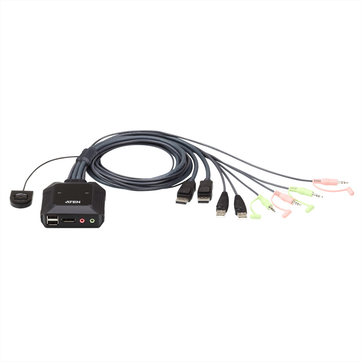 Schwarzer ATEN USB-Switch mit verschiedenen Anschlüssen und Kabeln. Weißer Hintergrund.