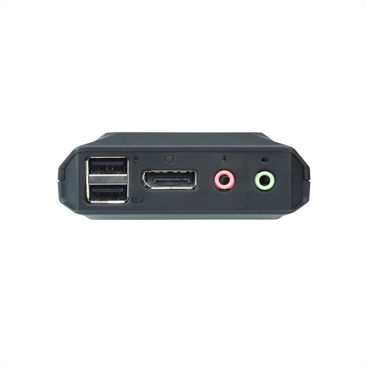 Schwarzes Gerät mit USB-, HDMI- und Audioanschlüssen. Weißer Hintergrund.