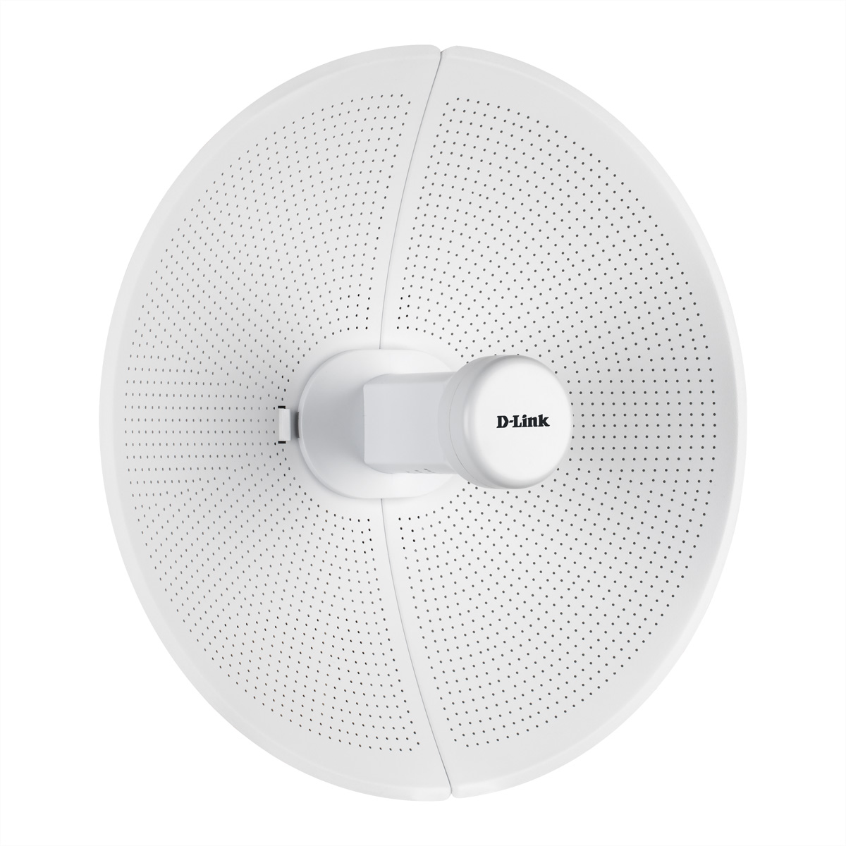 Une antenne D-Link blanche. Elle a une forme circulaire. Fond blanc.