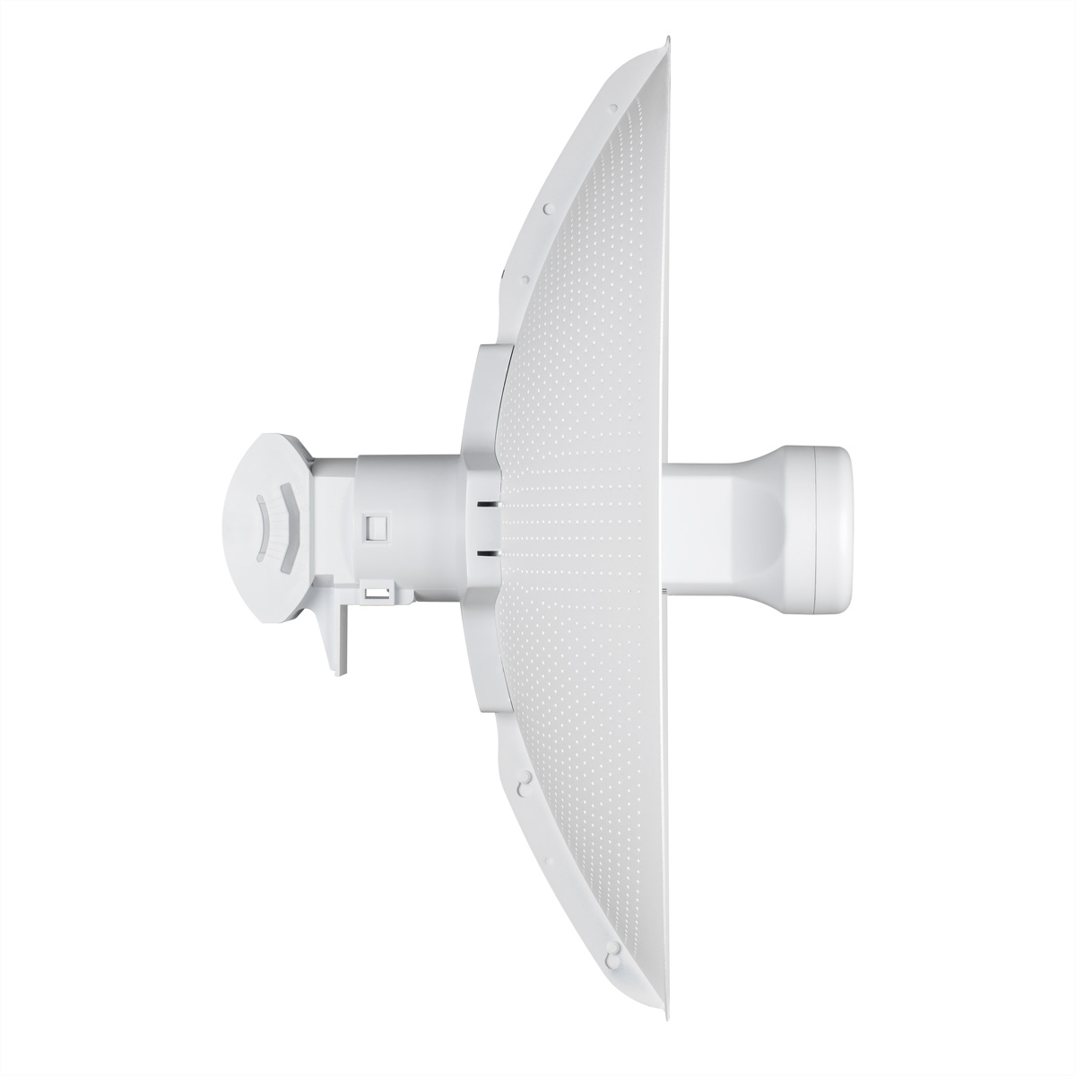 Une antenne blanche avec une forme unique. C'est un appareil plat avec un dos et un devant arrondis.