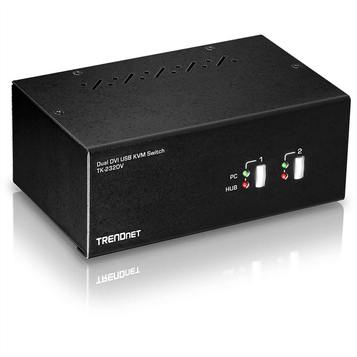 Schwarzer TRENDnet Dual DVI USB KVM Switch. Hat PC- und HUB-Anschlüsse mit Kontrollleuchten.