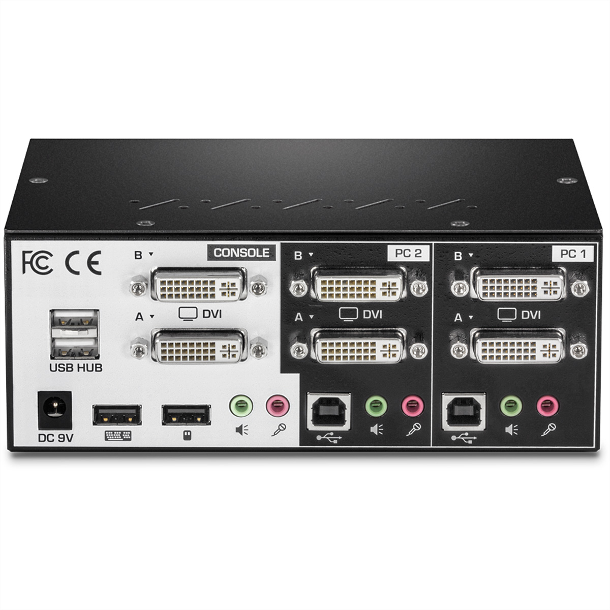 Ein schwarz-silberner KVM-Switch mit mehreren Anschlüssen und dem Text 'USB HUB'.