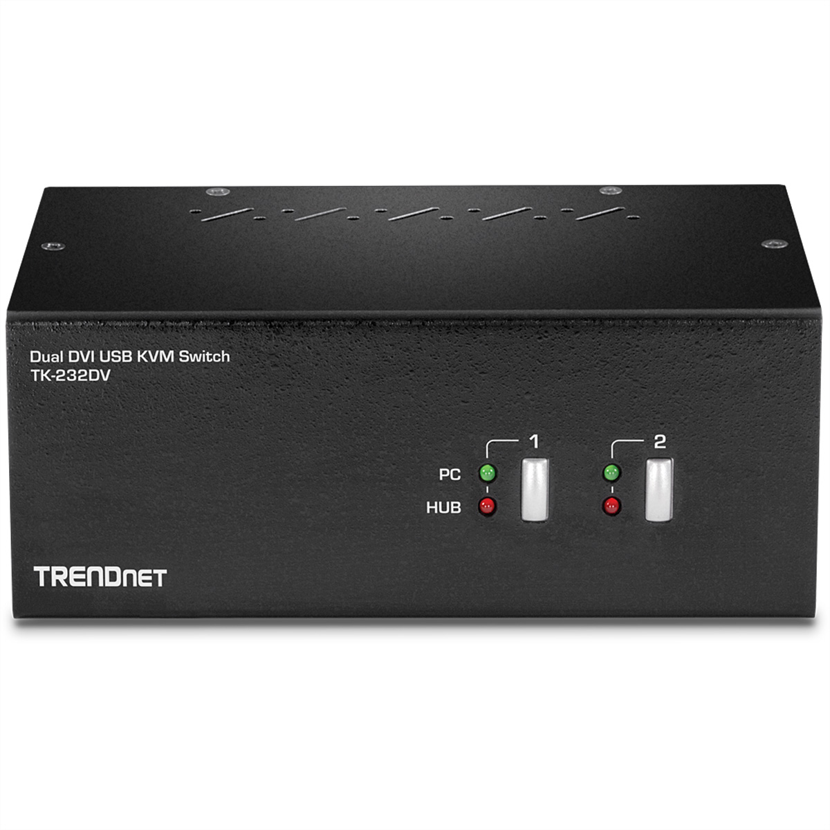 Schwarzer KVM-Switch mit Beschriftung 'Dual DVI USB KVM Switch' und zwei PC- und HUB-Anzeigen.
