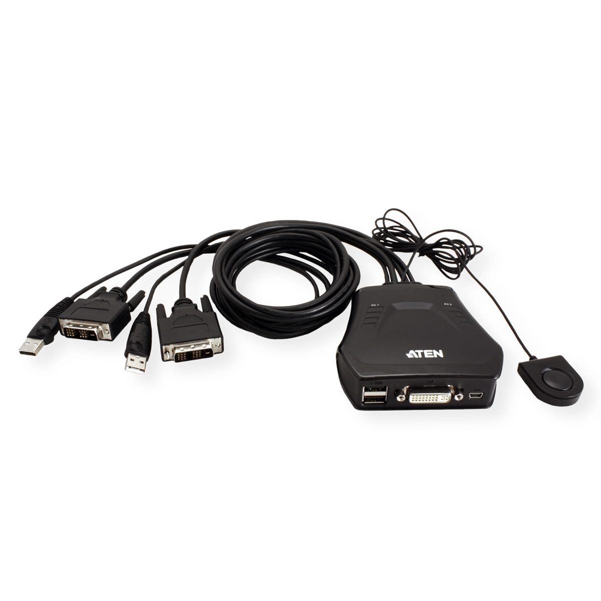 Schwarzes Gerät mit mehreren Kabeln. Es hat USB- und DVI-Anschlüsse sowie eine Taste. Es ist ein ATEN-Gerät.