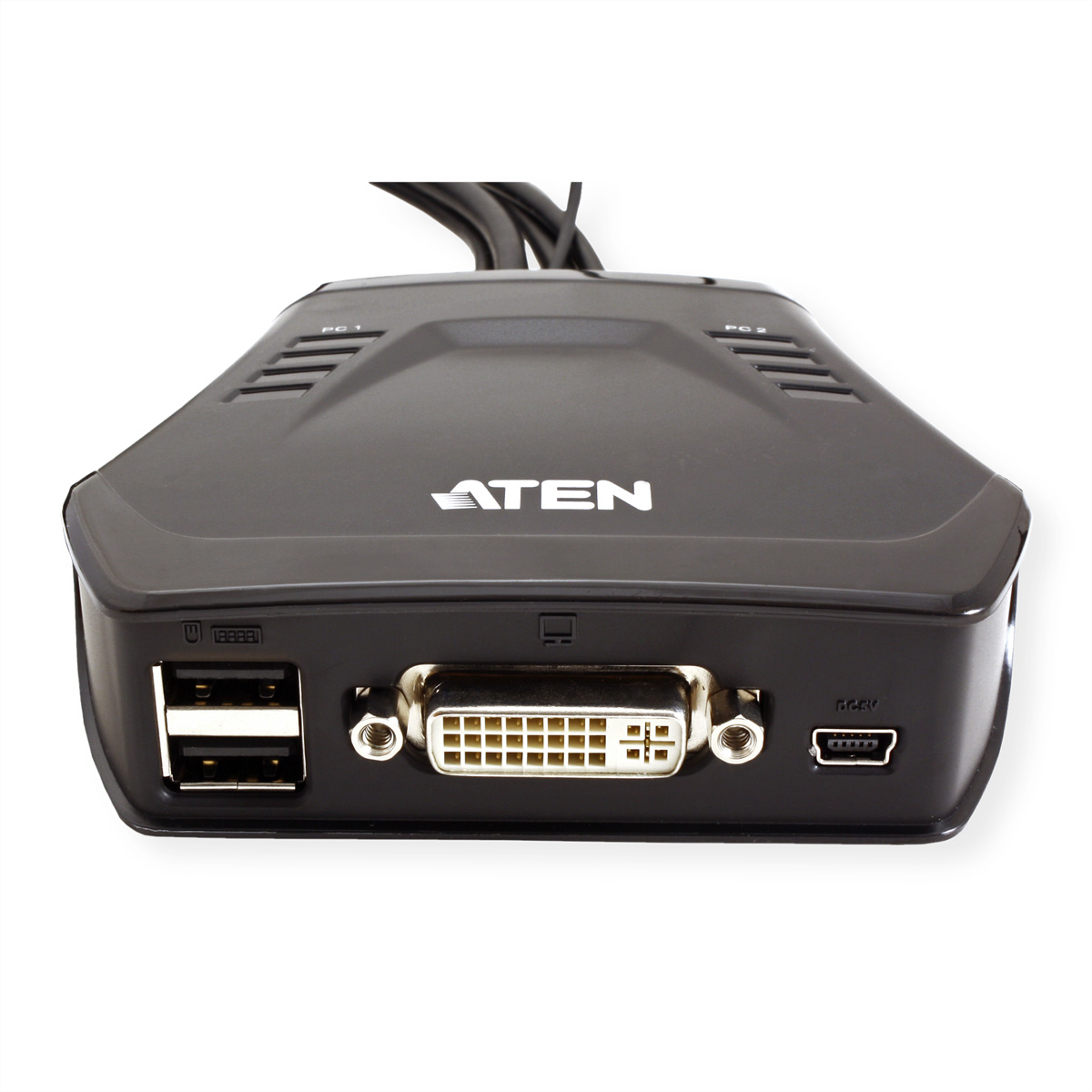 Schwarzes Gerät mit USB-, DVI- und Mini-USB-Anschlüssen, oben mit 'ATEN' beschriftet, 'PC1' und 'PC2'.