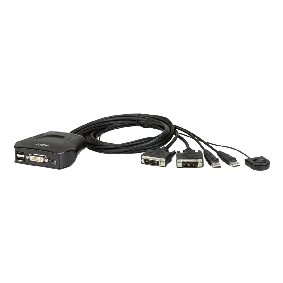 Schwarzer KVM-Switch mit mehreren angeschlossenen Kabeln. Es hat mehrere Anschlüsse und ATEN-Branding.