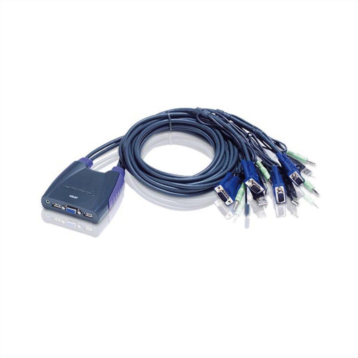 Schwarzer KVM-Switch mit Kabeln und Anschlüssen auf weißem Hintergrund.