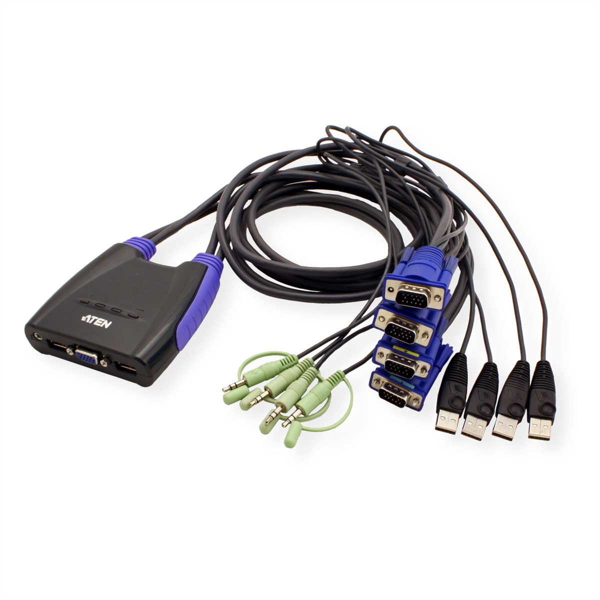 Schwarzer ATEN KVM-Switch mit mehreren VGA- und USB-Kabeln, verschiedene Anschlüsse, weißer Hintergrund.