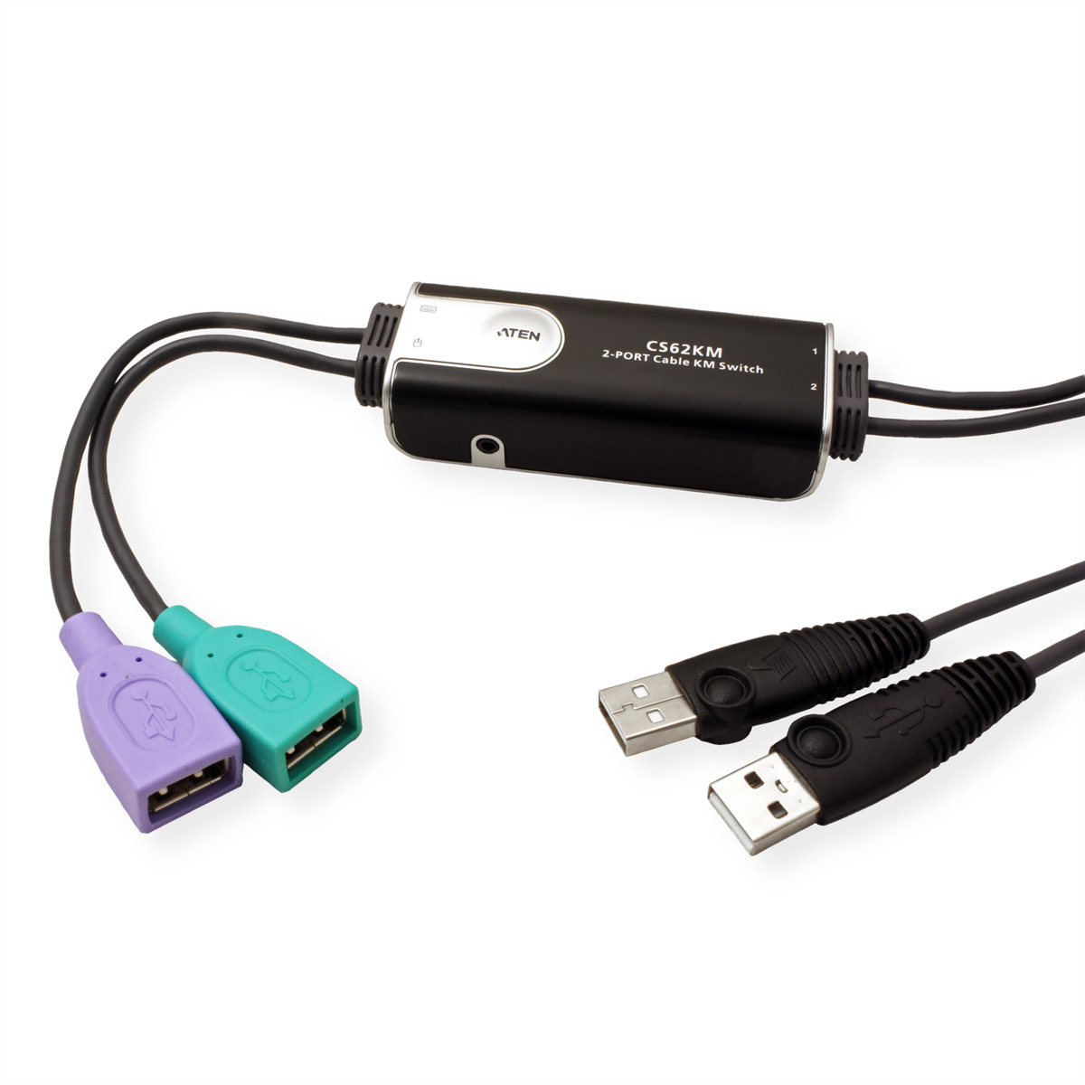 Schwarz-grauer Schalter mit USB-Kabeln. Kabel haben grüne und lila Stecker, weißer Hintergrund.