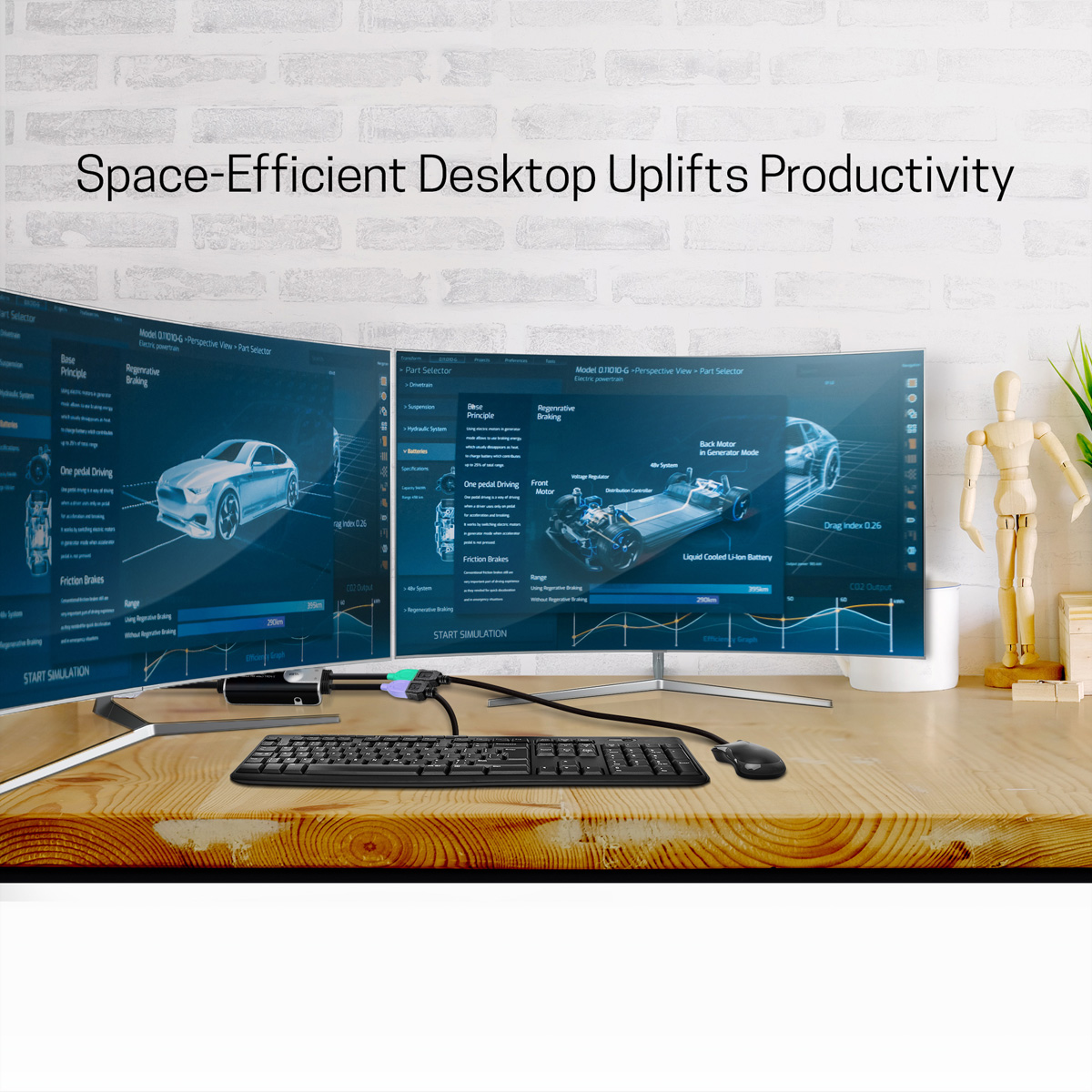Arbeitsplatz mit gekrümmten Monitoren, Tastatur und Holzfigur.