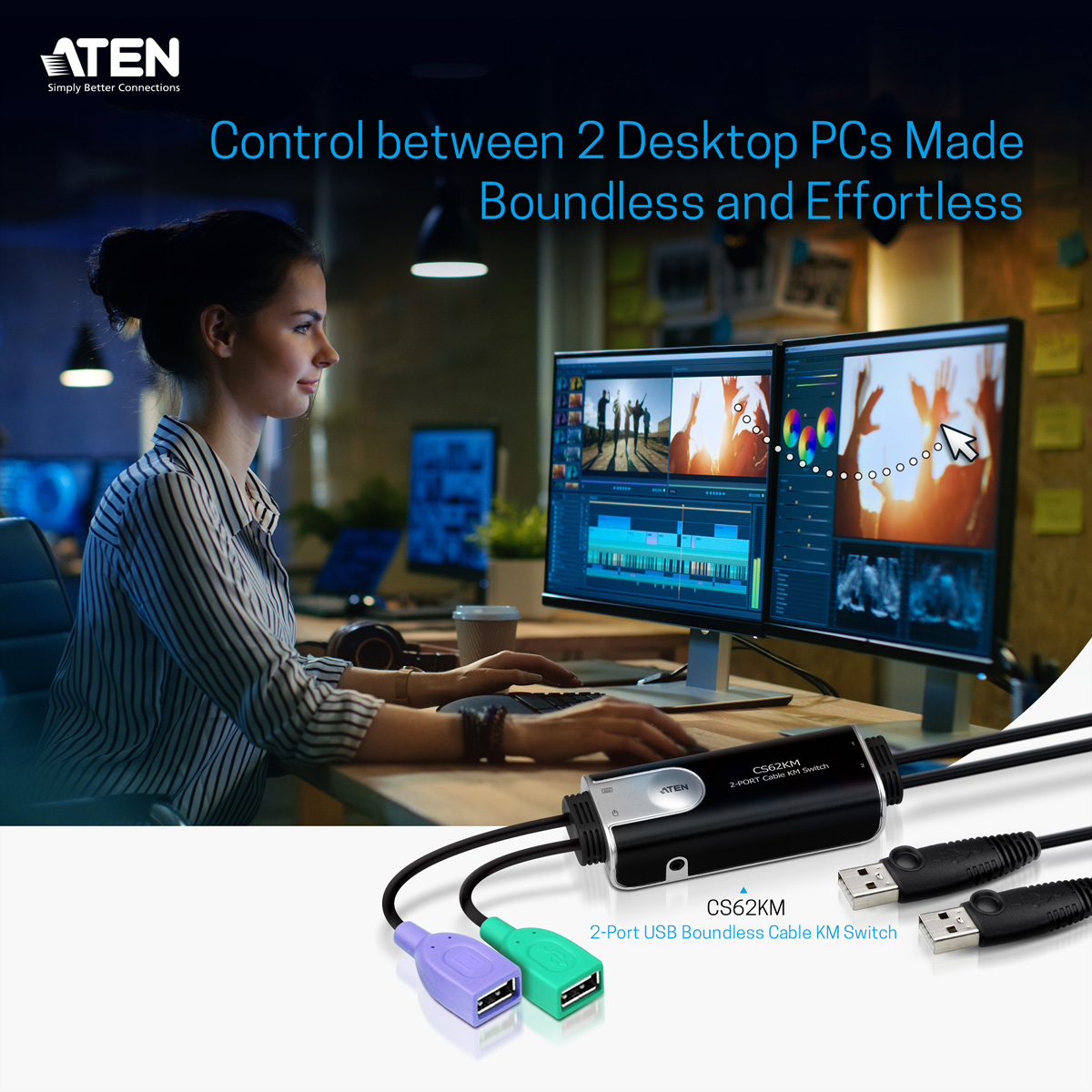 Frau mit zwei Monitoren und einem schwarzen Gerät. Das Gerät ist ein 2-Port USB Boundless Cable KM Switch.