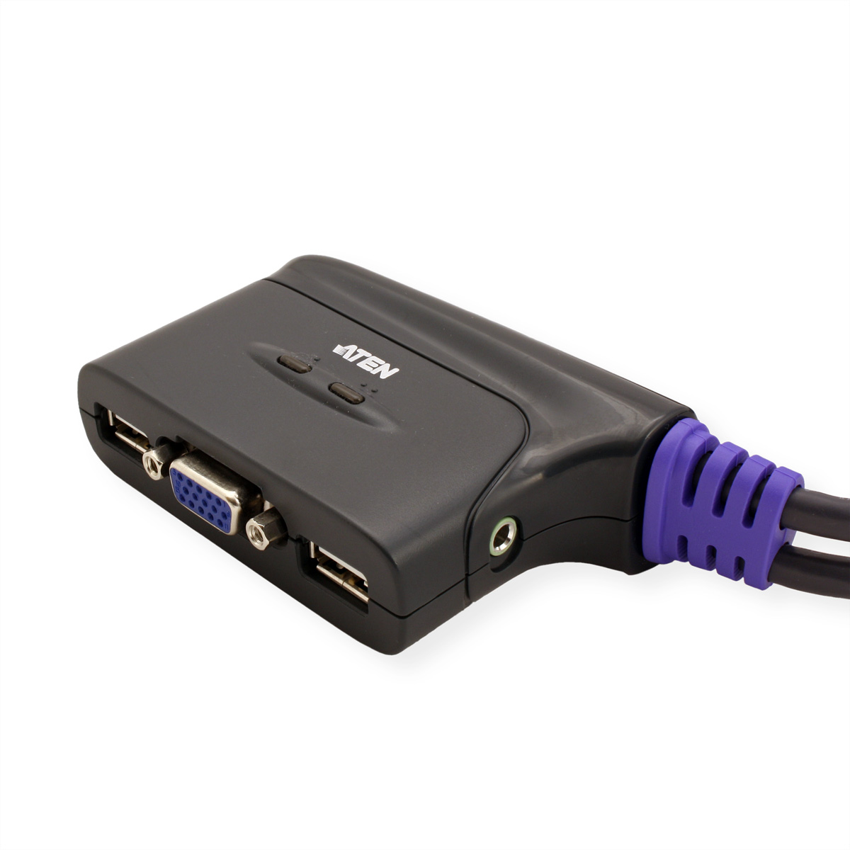 Schwarzes Gerät mit USB-, VGA-Anschlüssen und einem lila Kabel. Markenname ATEN sichtbar.