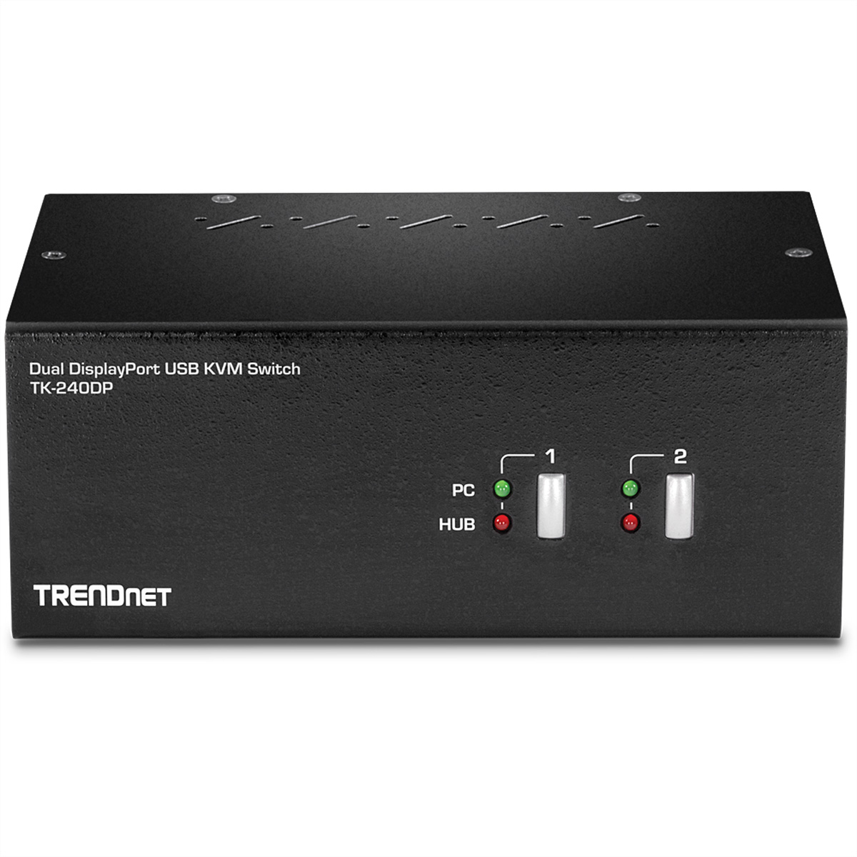 Een zwarte KVM-switch. Het heeft twee knoppen en LED-indicatoren. Het staat op een witte achtergrond.