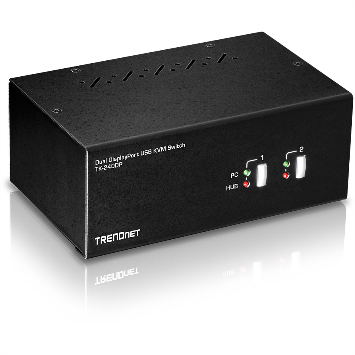Zwarte dual display USB KVM switch met TRENDnet-logo en twee lampjes die PC- en HUB-verbindingen aangeven.