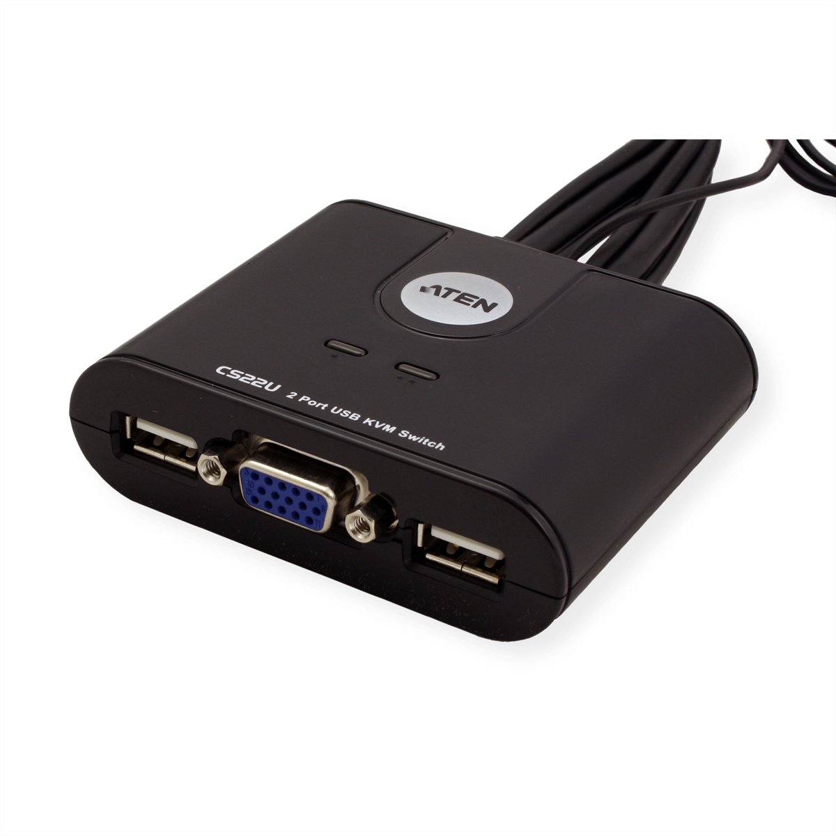 Schwarzer KVM-Switch mit USB- und VGA-Anschlüssen, mit dem Markennamen ATEN.