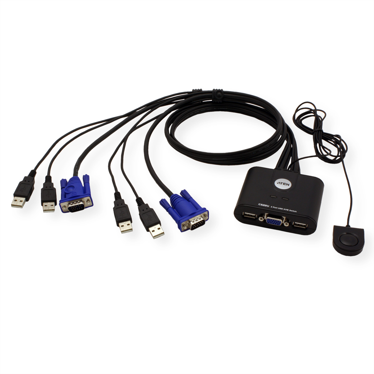 Ein schwarzer USB-Switch mit USB-Kabeln. Weißer Hintergrund.