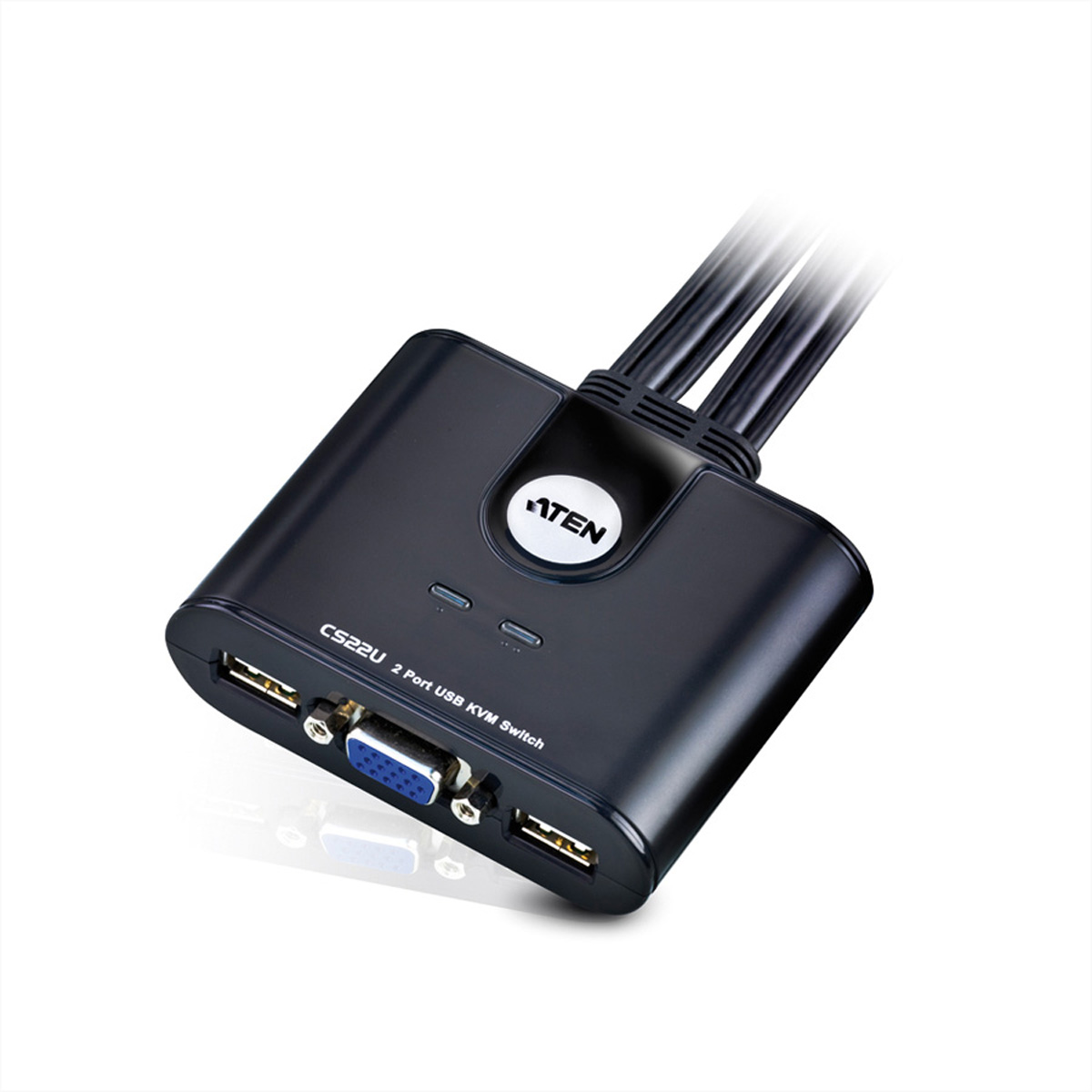 Schwarzer USB-KVM-Switch mit USB- und VGA-Anschlüssen, isoliert auf weißem Hintergrund.