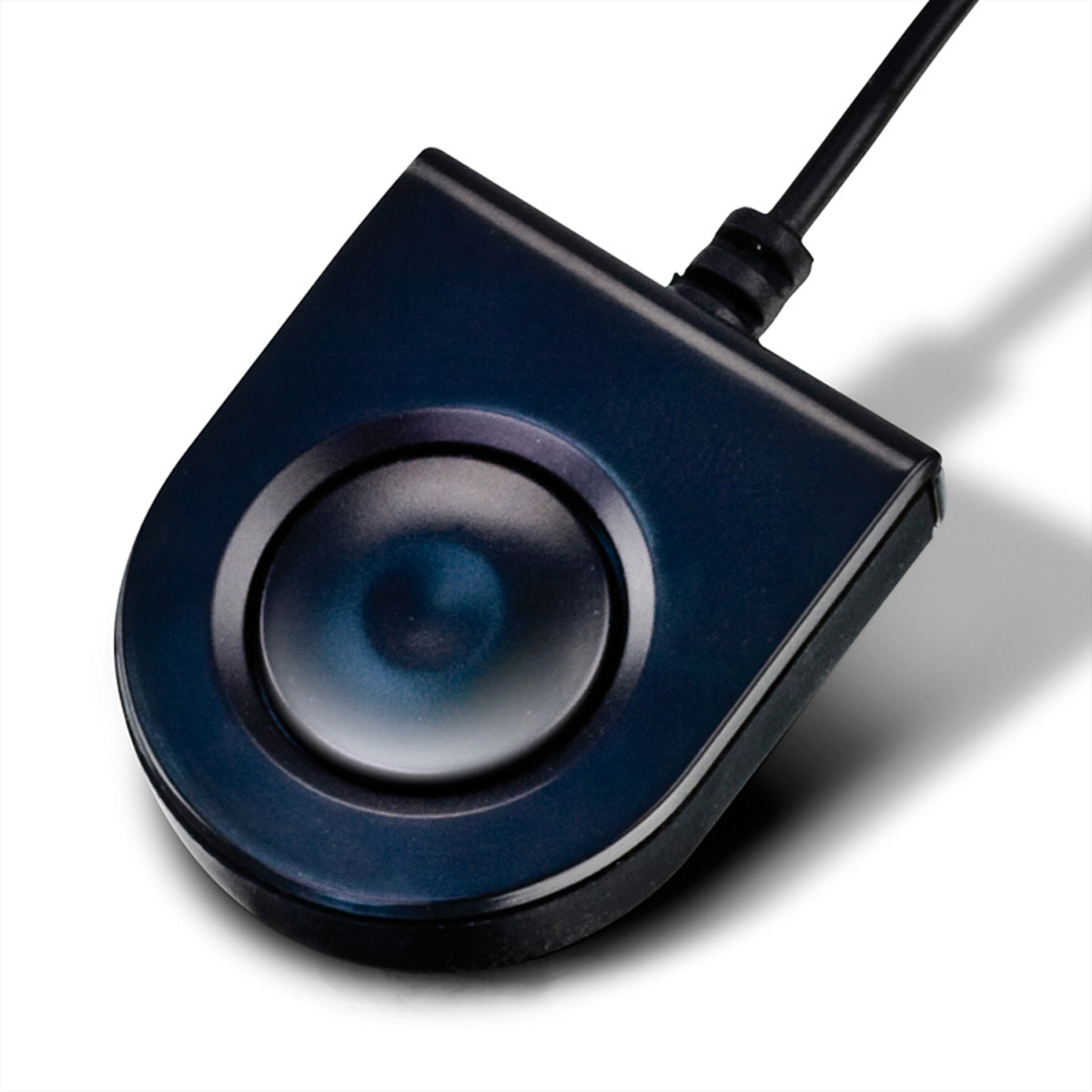 Dunkelblauer Trackball-Controller mit Knopf, auf weißem Hintergrund mit Schatten.
