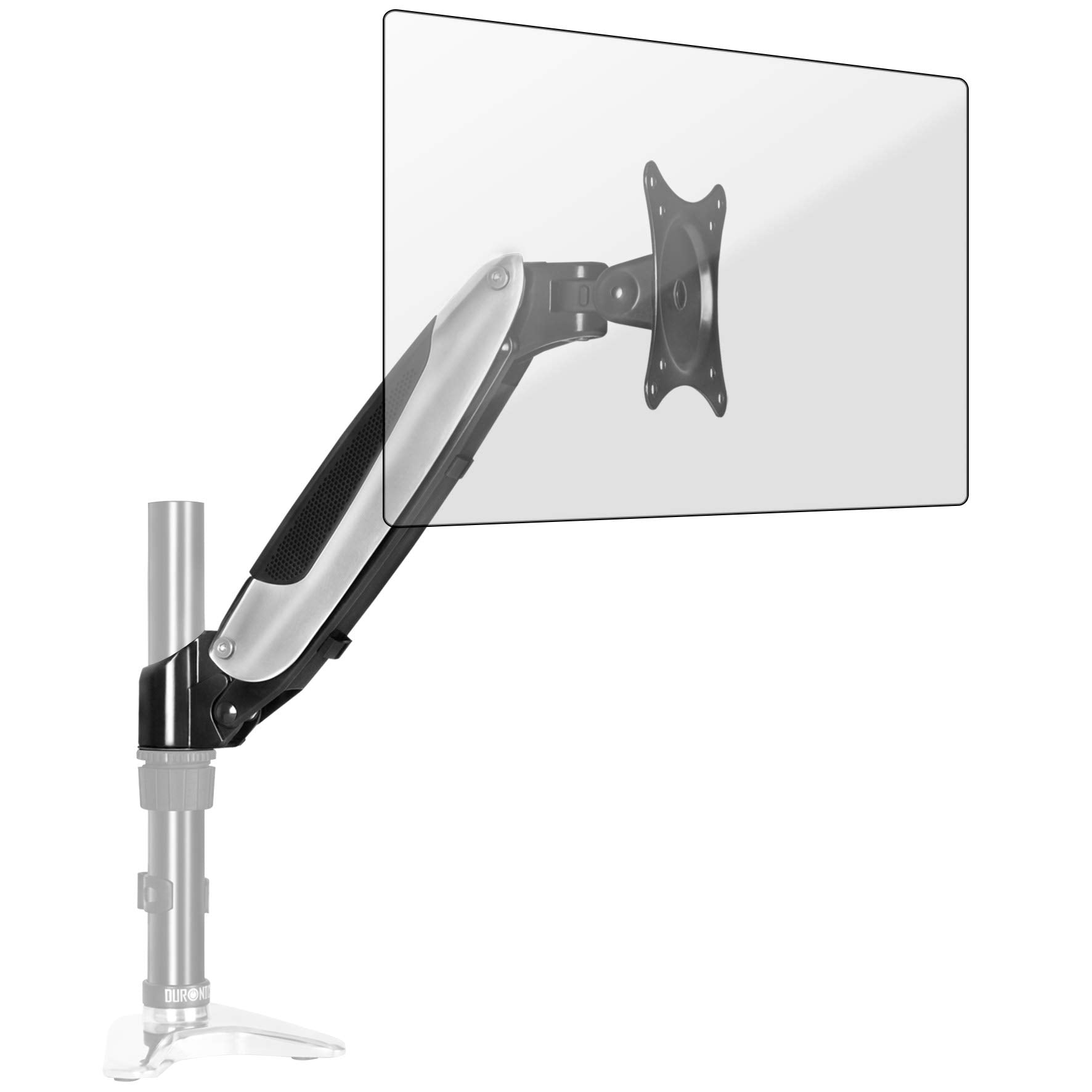 Monitorarm mit montiertem transparentem Bildschirmschutz, weißer Hintergrund.