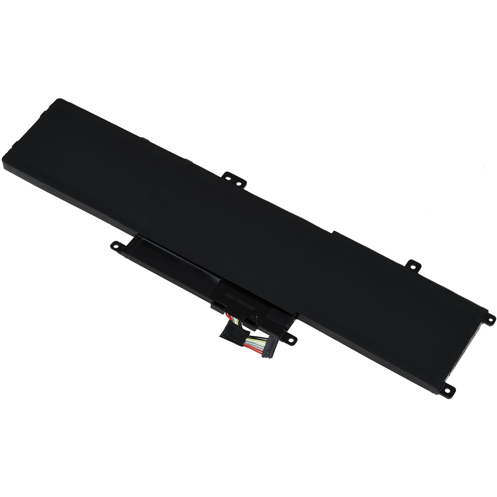 Schwarzer Laptop-Akku. Er hat einen Stecker mit mehrfarbigen Drähten und kleine, schwarze Befestigungslöcher.