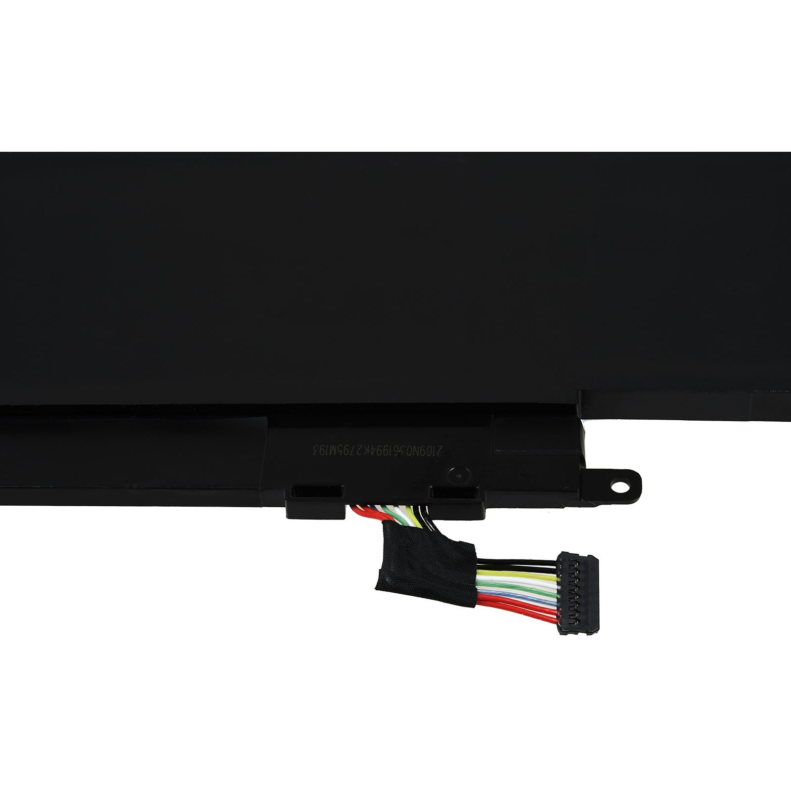 Schwarzer, rechteckiger Laptop-Akku. Ein mehrfarbiges Flachbandkabel ist mit einem Stecker verbunden.
