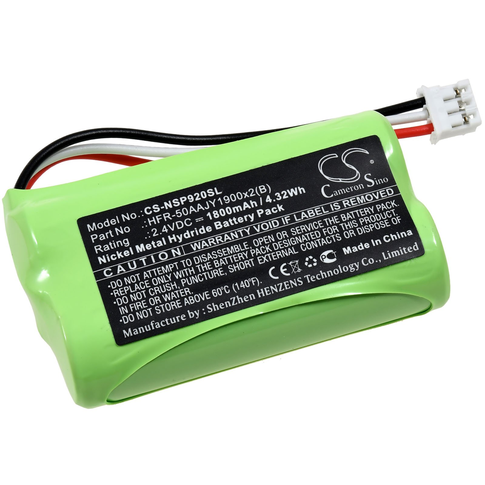 Grüner zylindrischer Akku mit weißen, schwarzen und roten Drähten und einem Stecker.