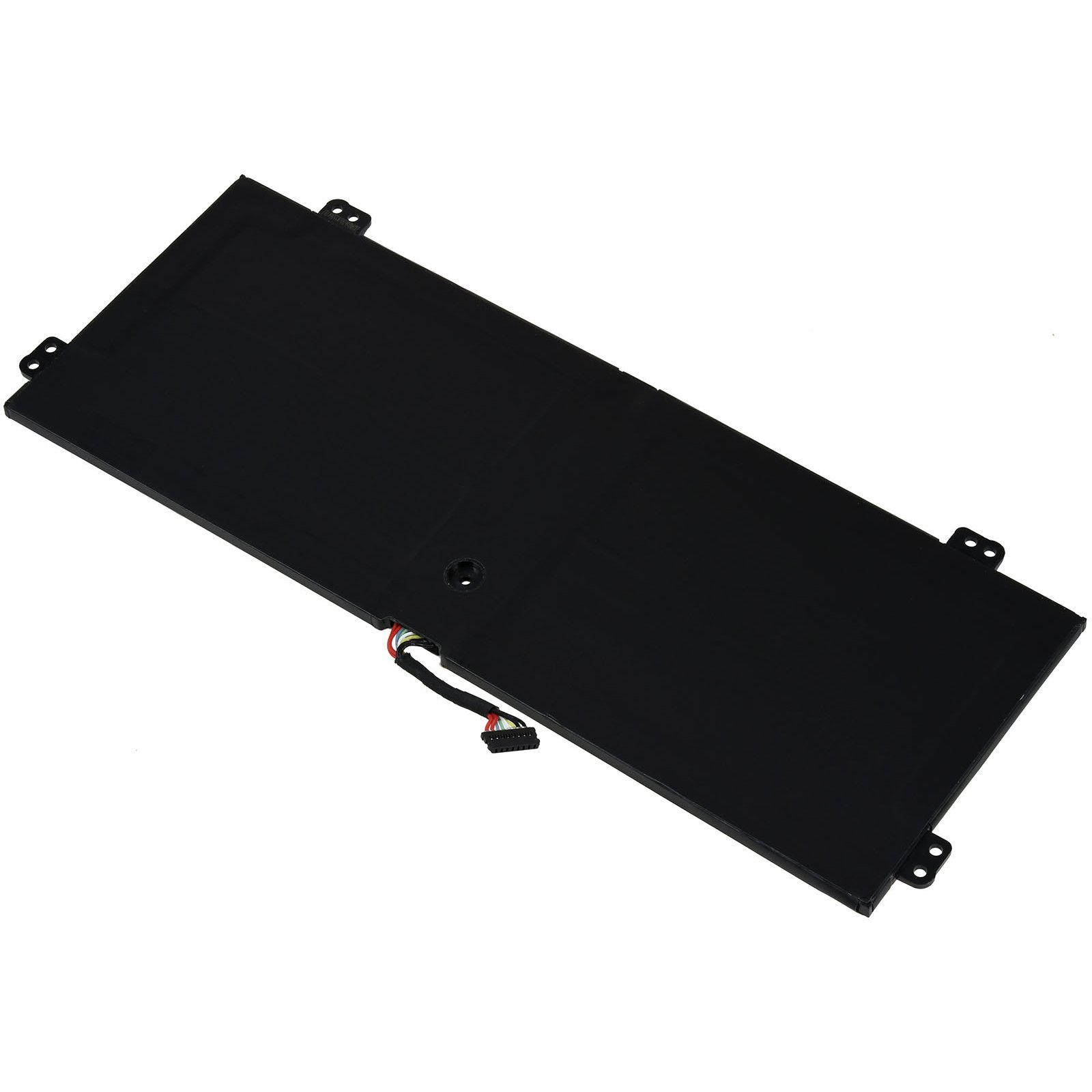 Schwarzer rechteckiger Laptop-Akku mit freiliegendem Stecker und Schraubenlöchern. Isoliert auf weißem Grund.