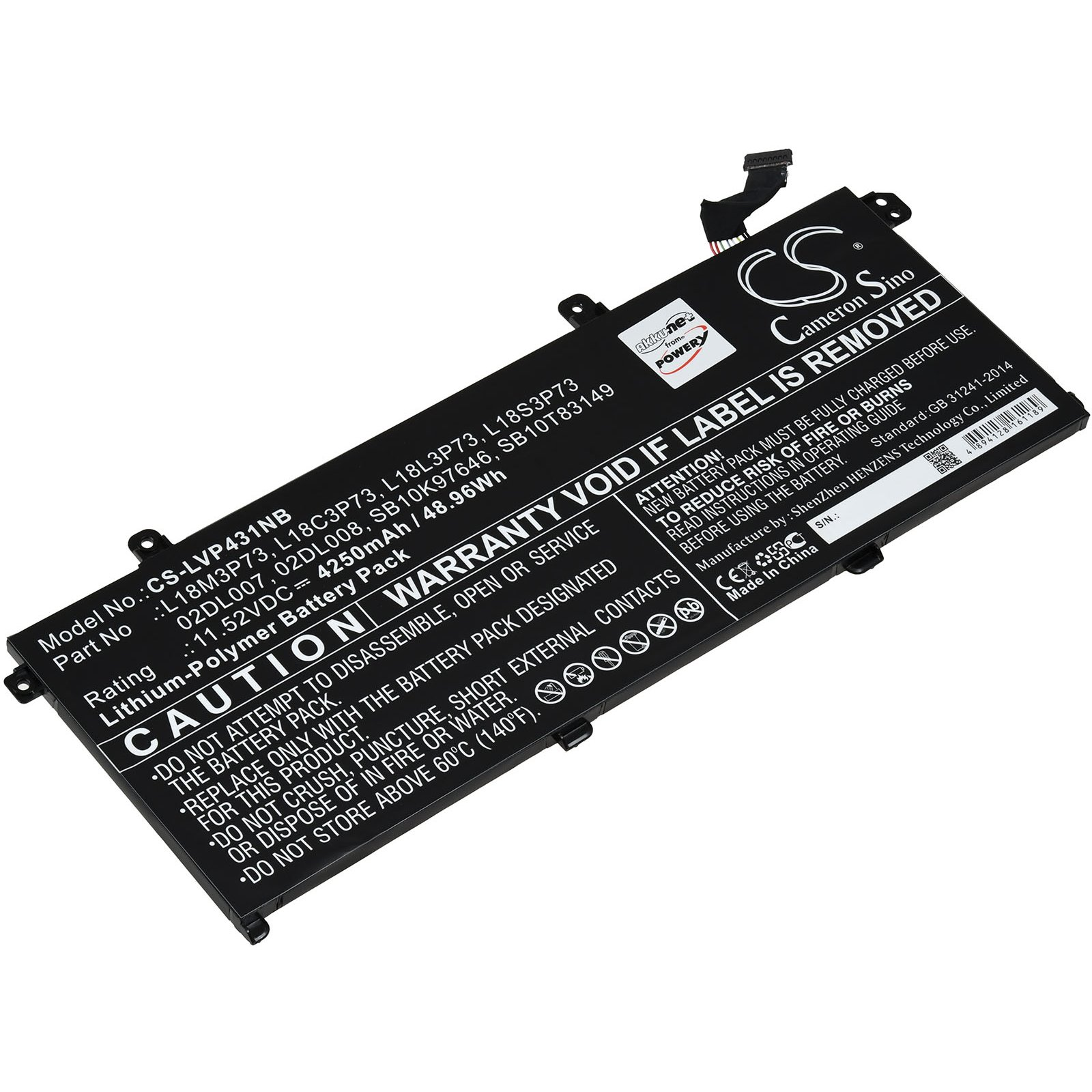 Schwarzer Laptop-Akku mit Warnhinweisen und Text. Akkumodellnummer ist CS-LVP431NB.