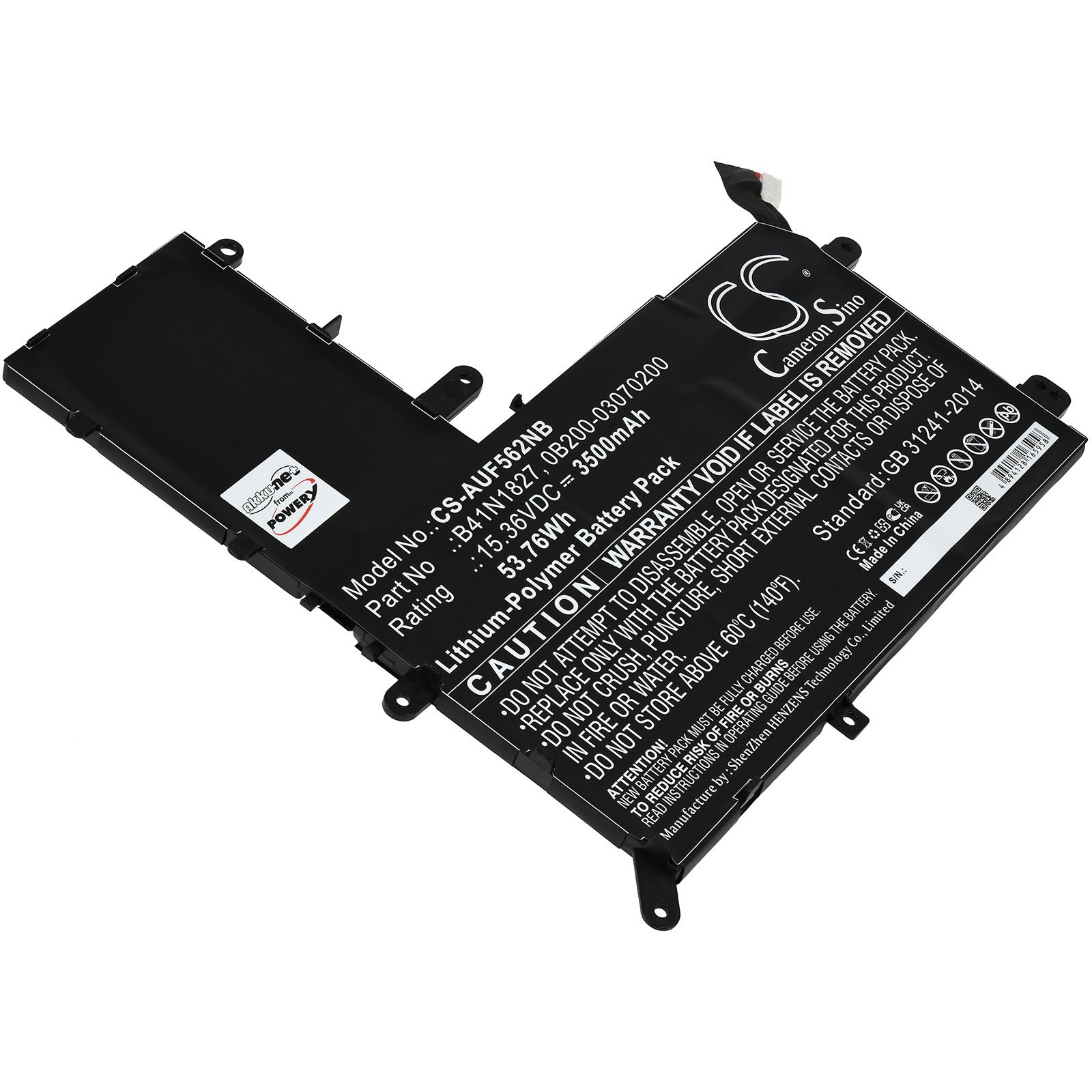 Ein schwarzer und silberner Laptop-Akku. Er hat ein Vorsichtsetikett, Details zur Batterie und einen Aufkleber, der die Garantie ungültig macht.