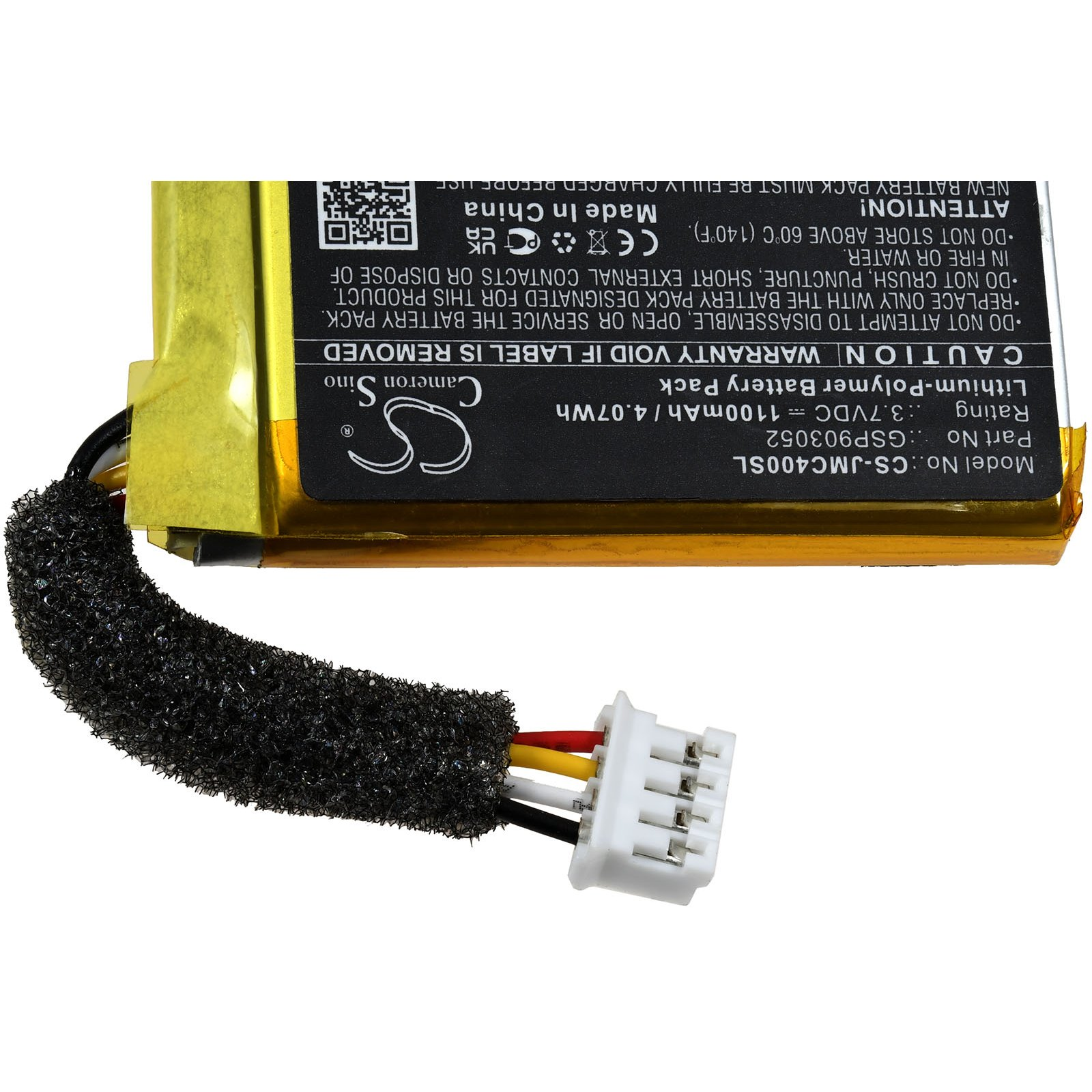 Akkupack mit schwarzem Schaumstoff und Stecker. Gelbes Etikett mit Text und Warnhinweisen.