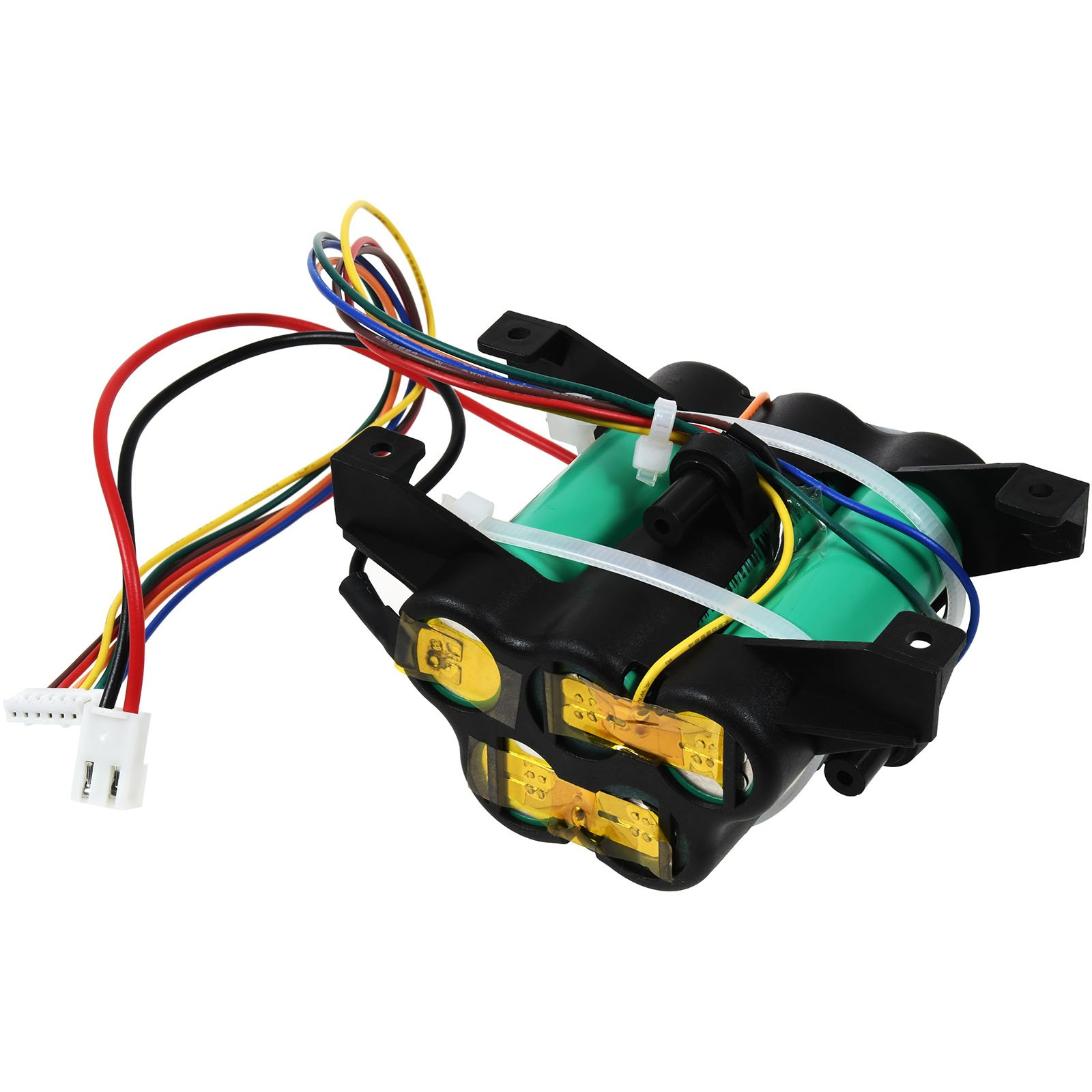 Batteriepack mit mehreren Zellen, grün, mit Drähten und Anschlüssen, weißer Hintergrund.
