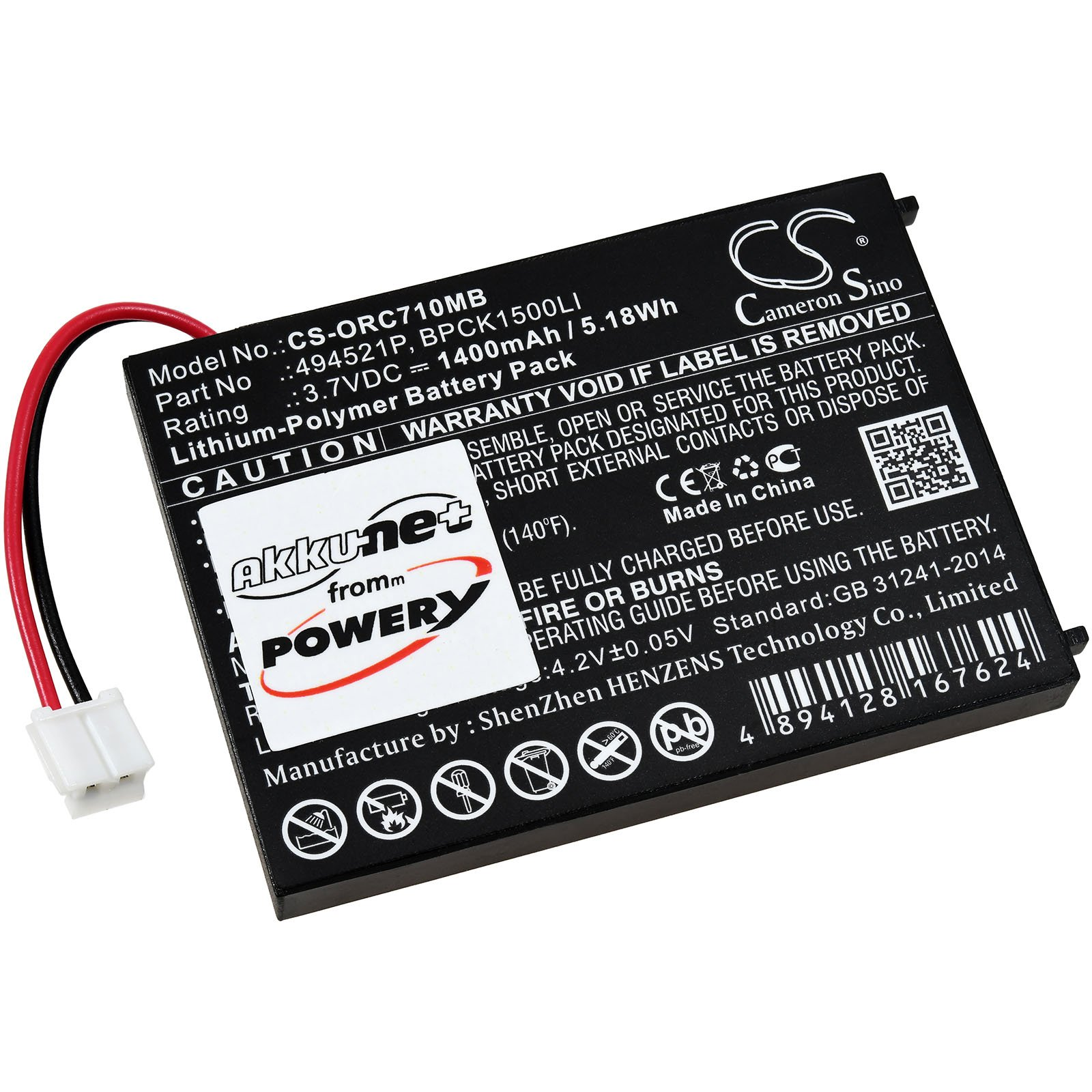 Schwarz-rotes Akkupack mit Etiketten: 'CS-ORC710MB', 'Akku-net from Powery' und Sicherheitshinweisen.