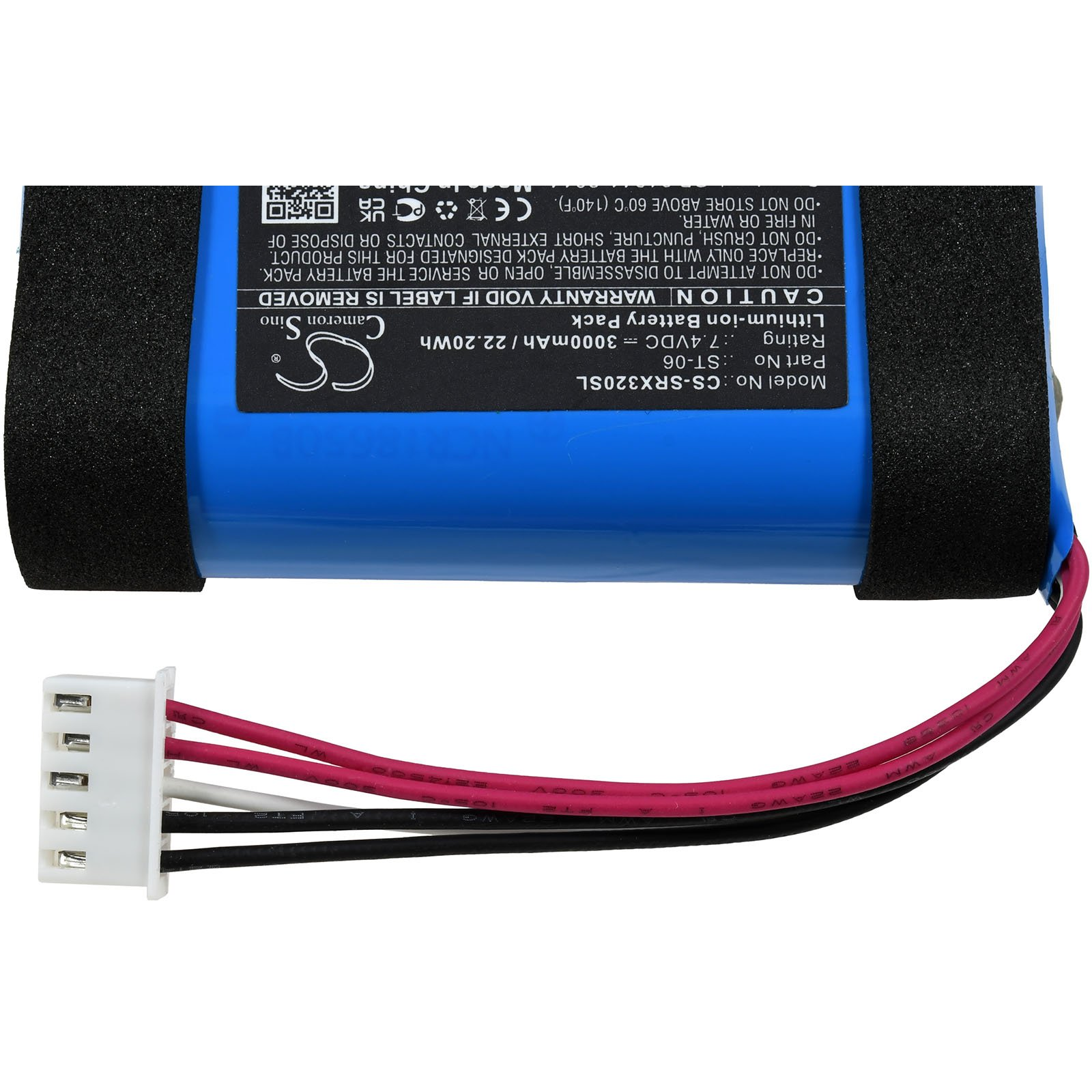 Blauer zylindrischer Akkusatz mit schwarzem Schaumstoff und Drähten, weißer Hintergrund. Textetikett auf der Batterie.