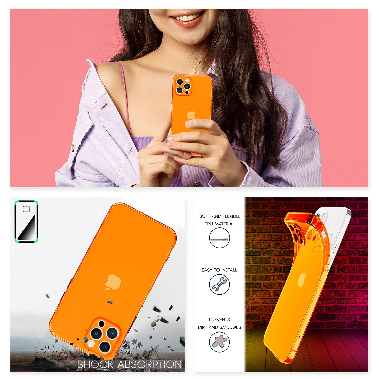 Donna che tiene in mano telefono arancione. Custodia arancione su sfondo bianco. Assorbimento urti e installazione.