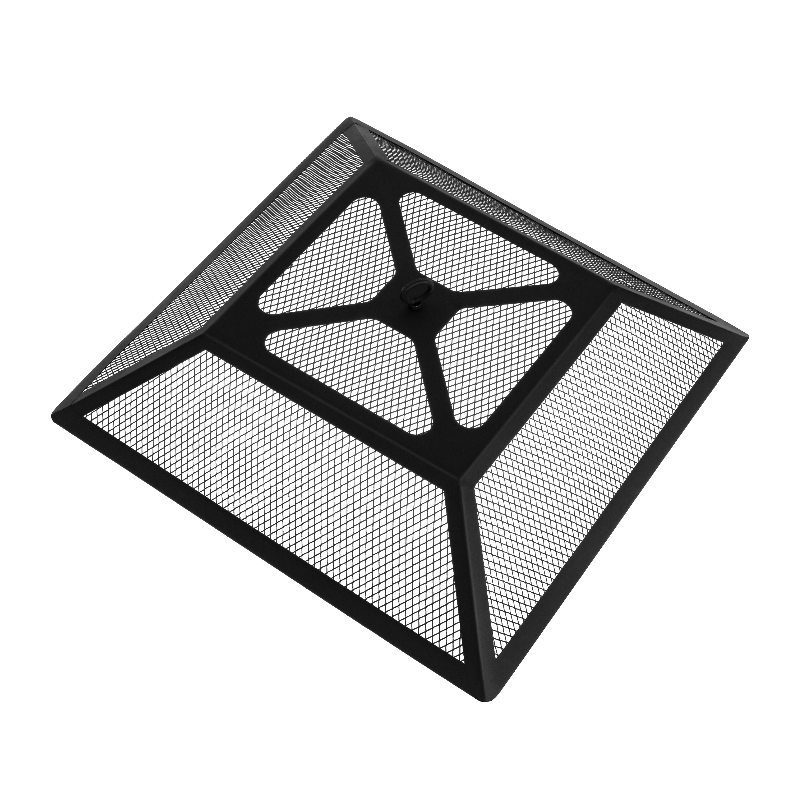 Housse noire et carrée pour foyer. Elle possède un écran en maille et est sur fond blanc.