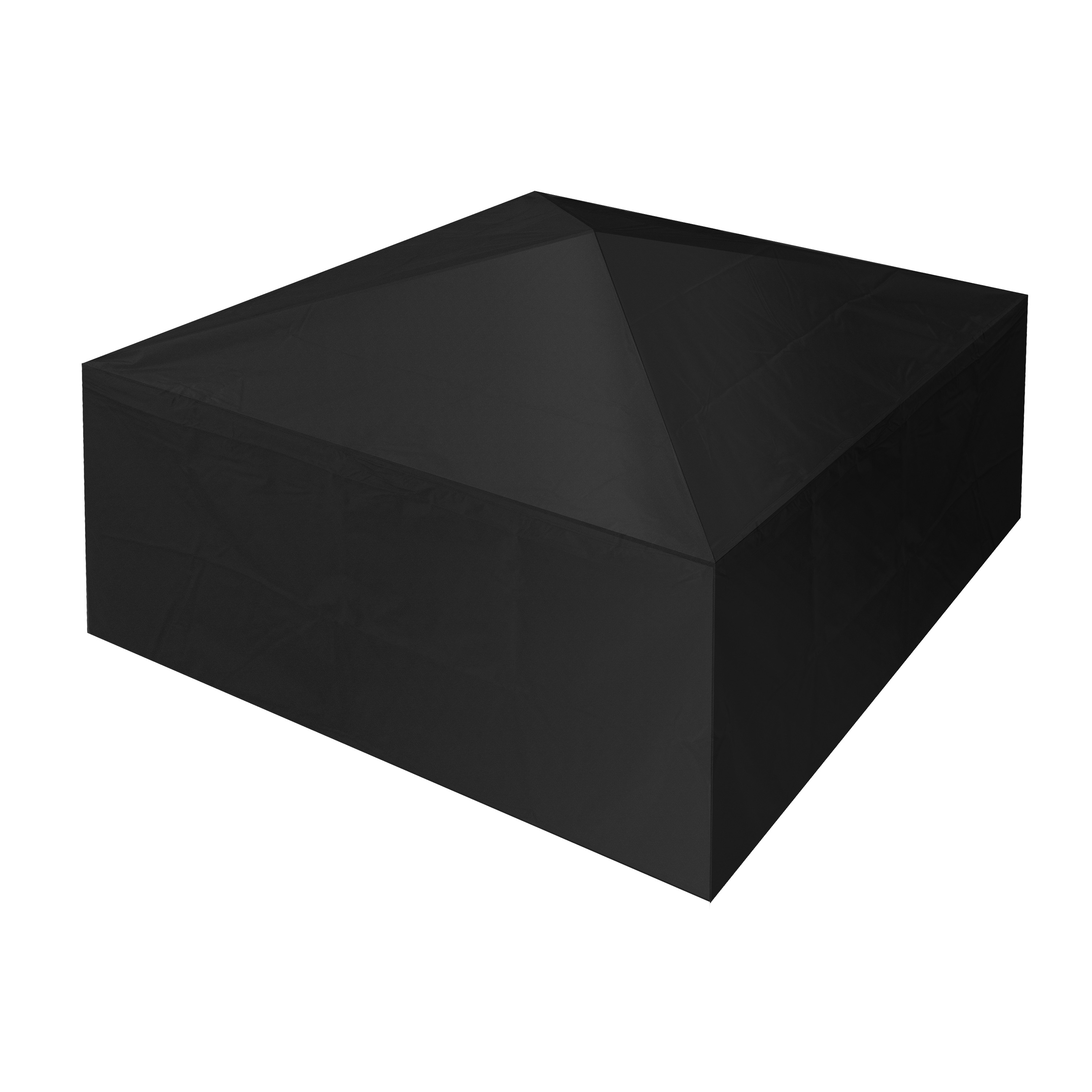 Une housse noire carrée pour mobilier de jardin sur fond blanc.