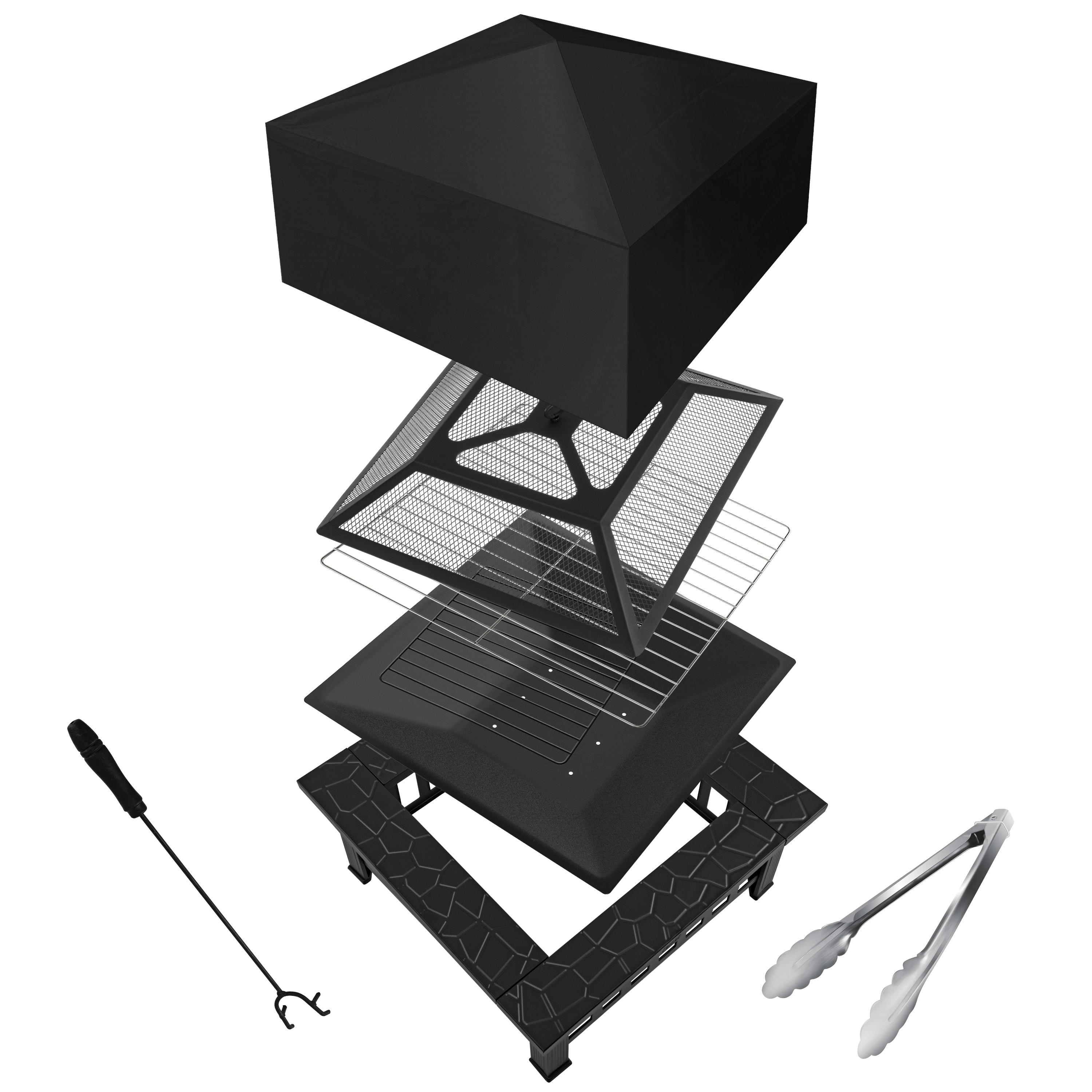 Vue éclatée des composants de foyer noir, incluant un couvercle, une grille et des outils.
