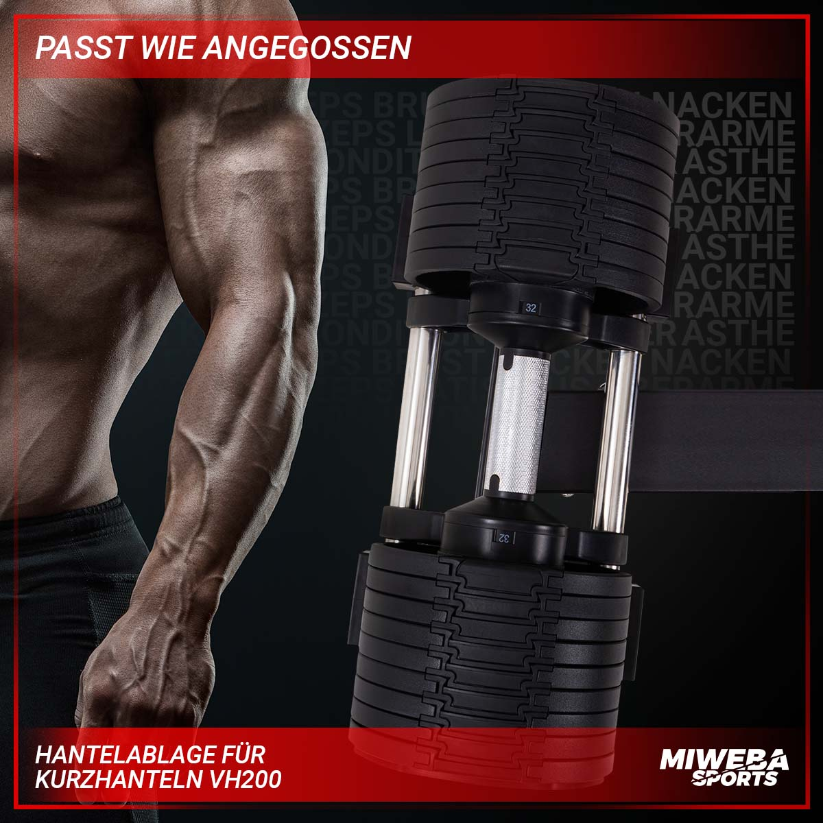 Der Arm eines Mannes, der sich mit einem Kurzhantel-Set beugt. Schwarze Hantel mit vielen Gewichten.