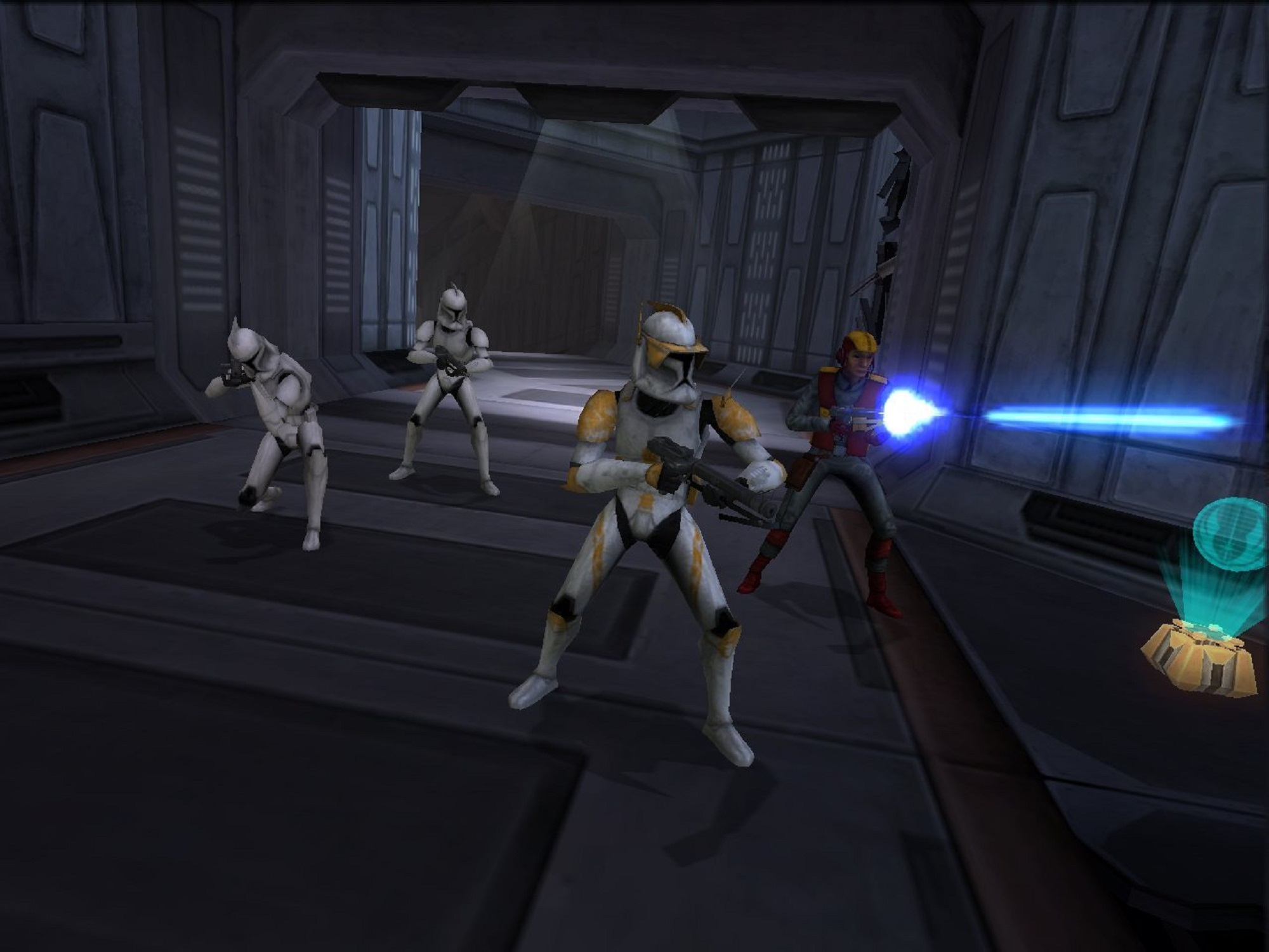 Star Wars Spielszene mit Klonkriegern und einem Charakter.