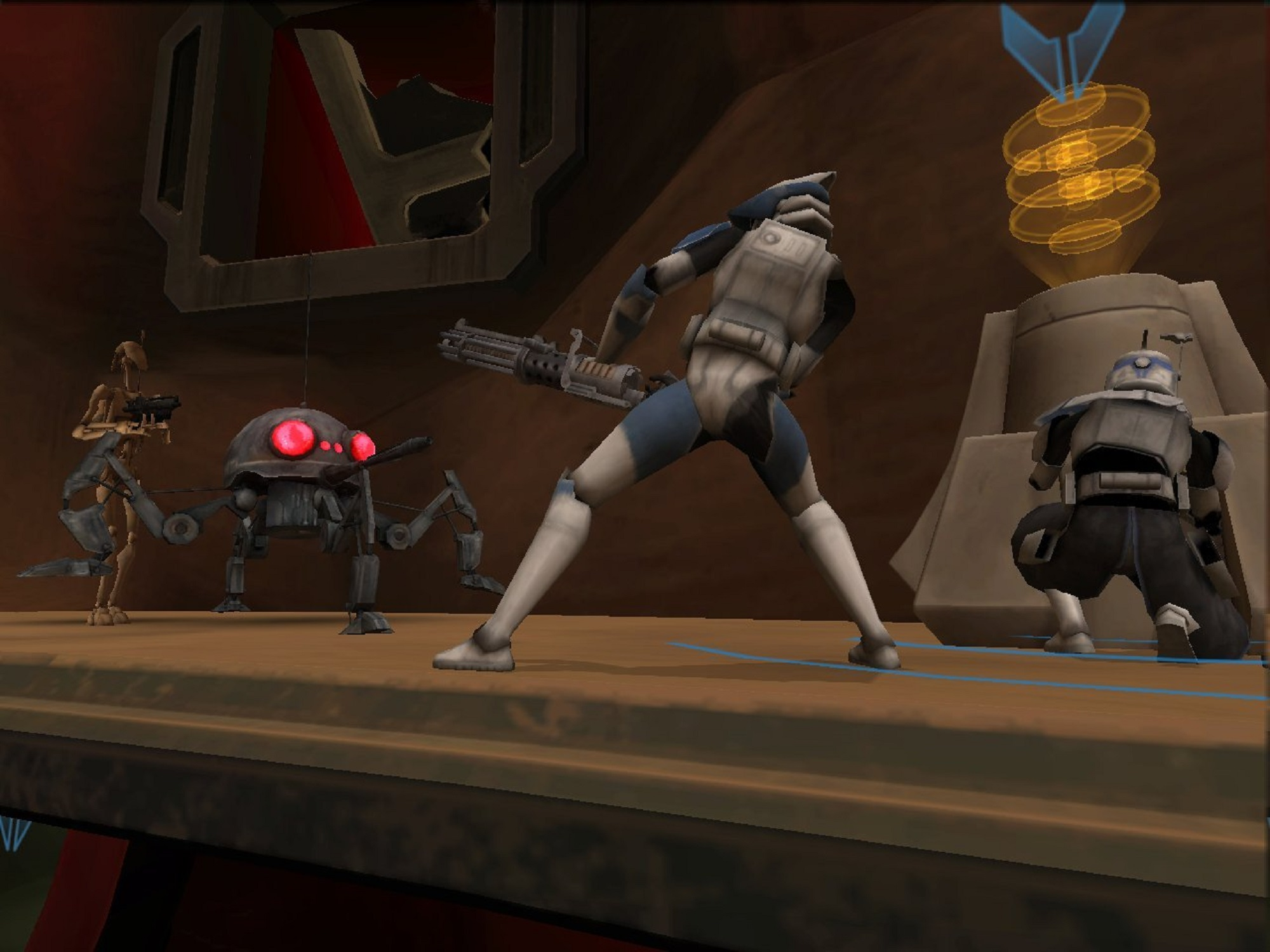 Star Wars Szene. Klonkrieger und Kampfdroiden in futuristischer Umgebung.