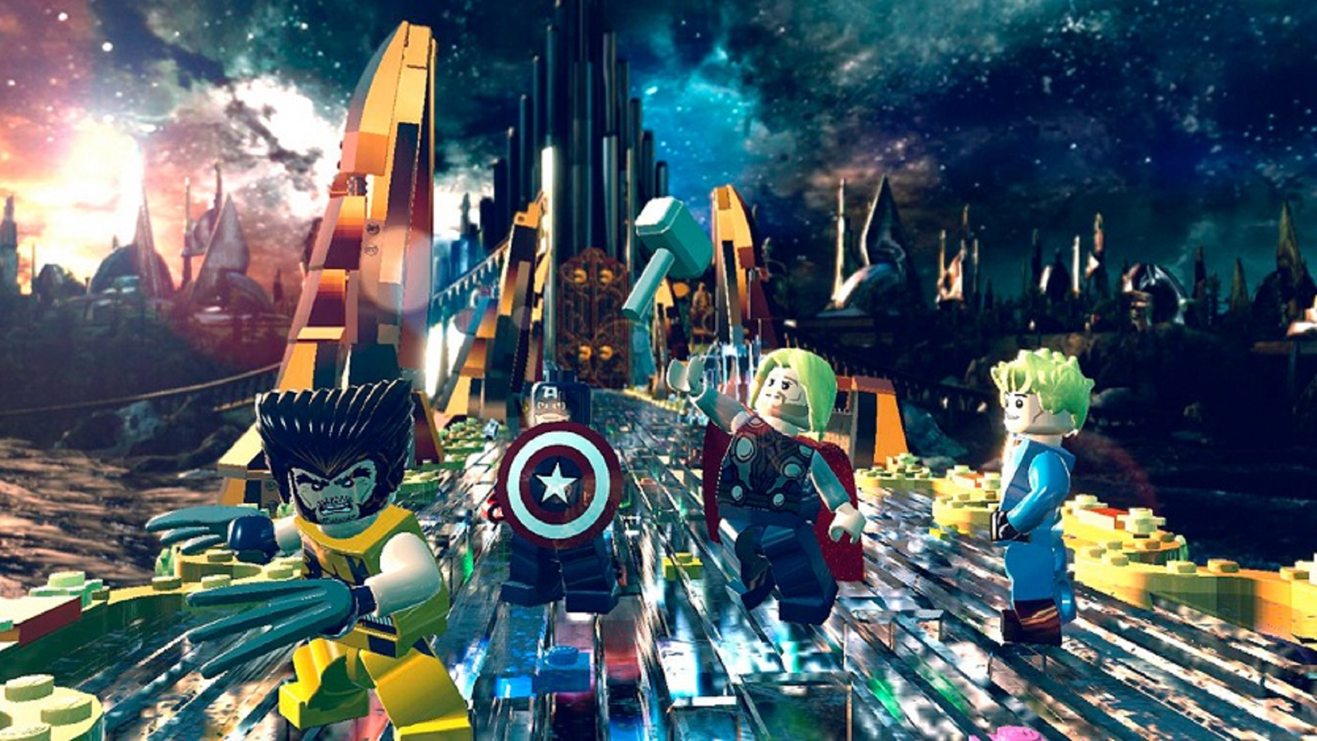 Lego Marvel-Szene mit Wolverine, Captain America, Thor und einem anderen Helden auf einer Brücke.