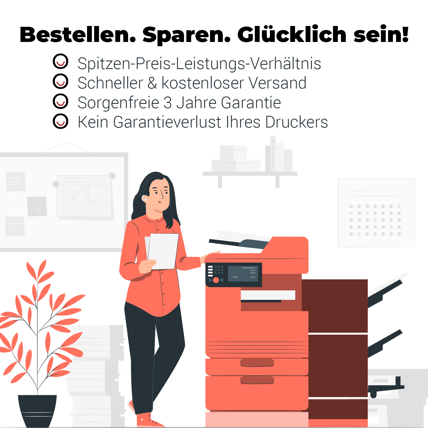 Illustration einer Frau in der Nähe eines roten Druckers. Es gibt Häkchen und Text über Vorteile.
