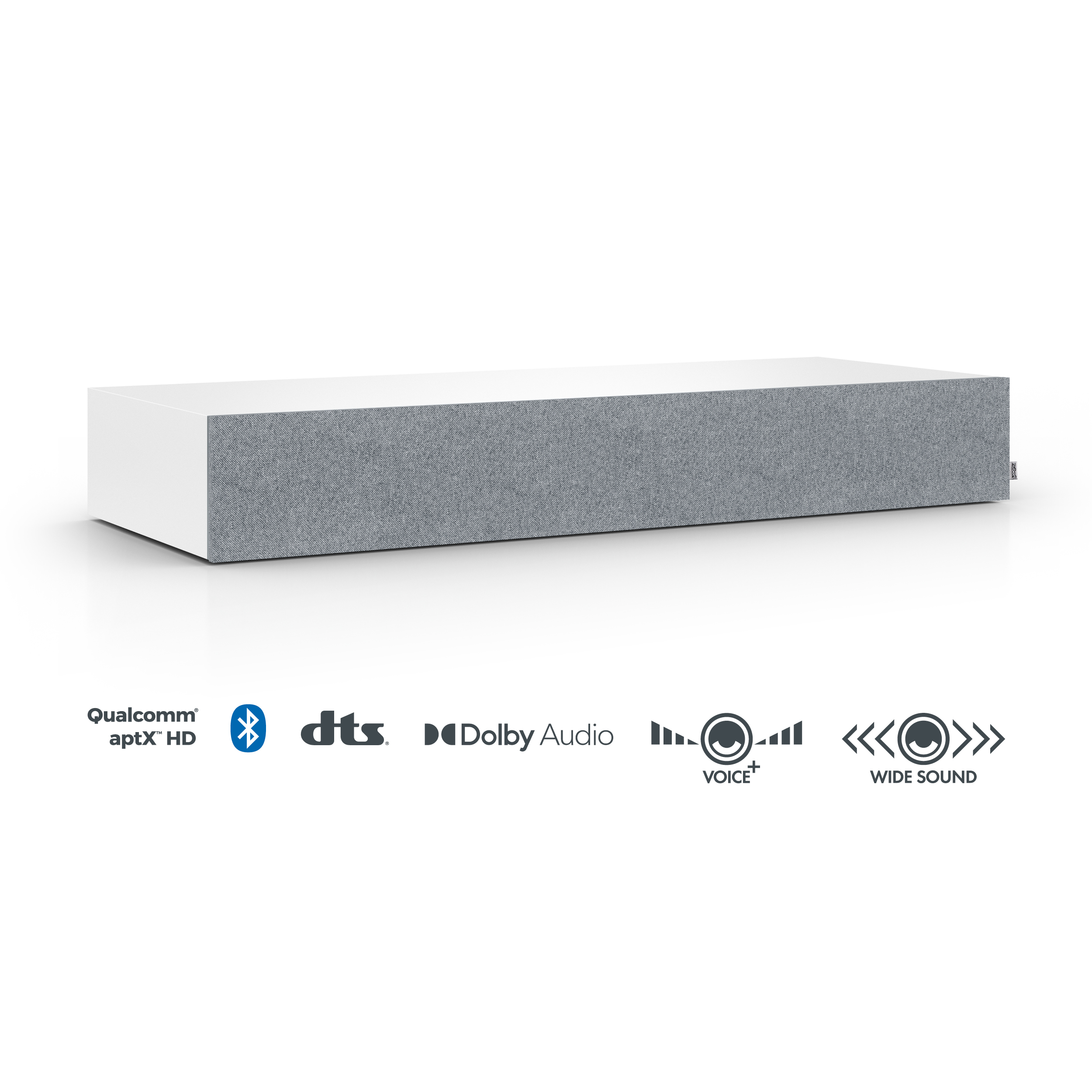 Eine weiße und graue Soundbar mit Logos von Audiotechnologien und -funktionen.
