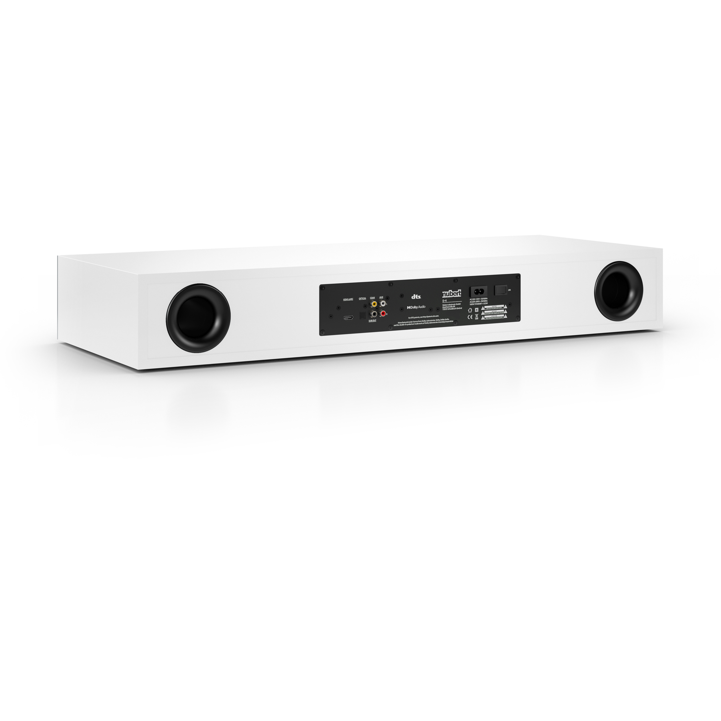 Weiße Soundbar mit schwarzen Lautsprechern an jedem Ende, Rückseite mit Anschlüssen.