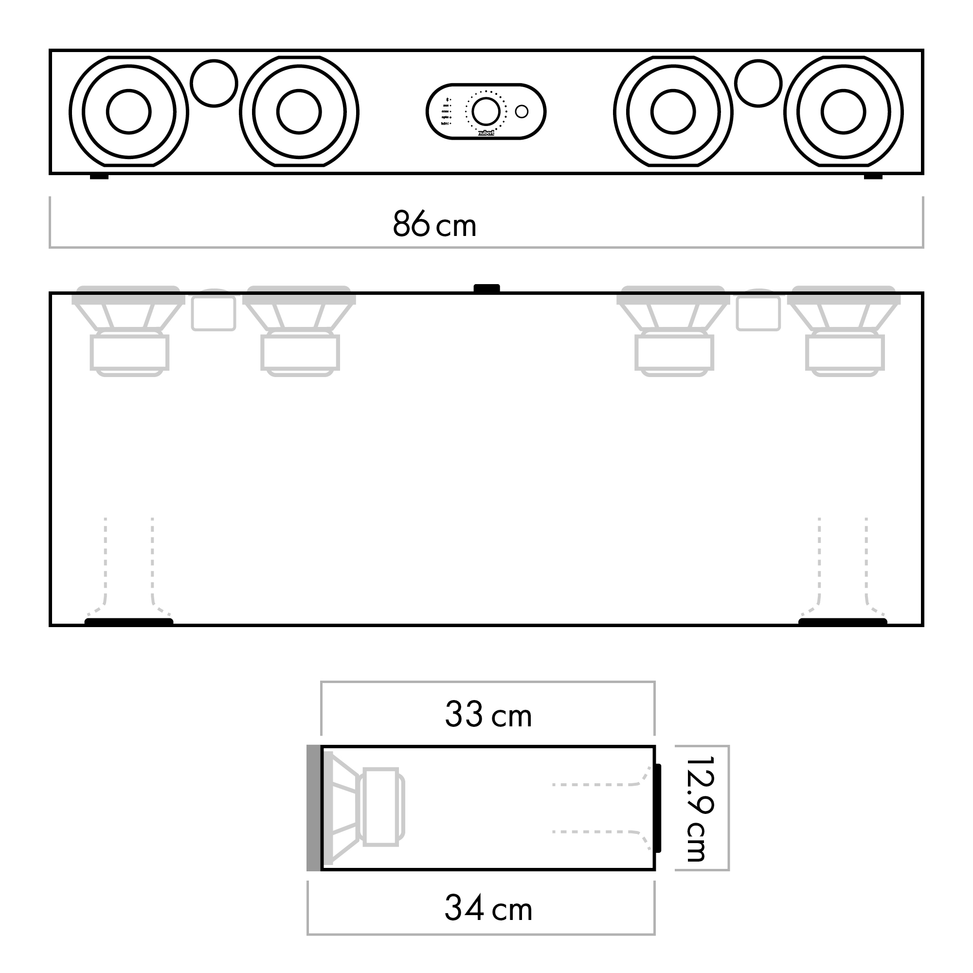 Diagramm einer Soundbar mit Maßen. Weißer Hintergrund.